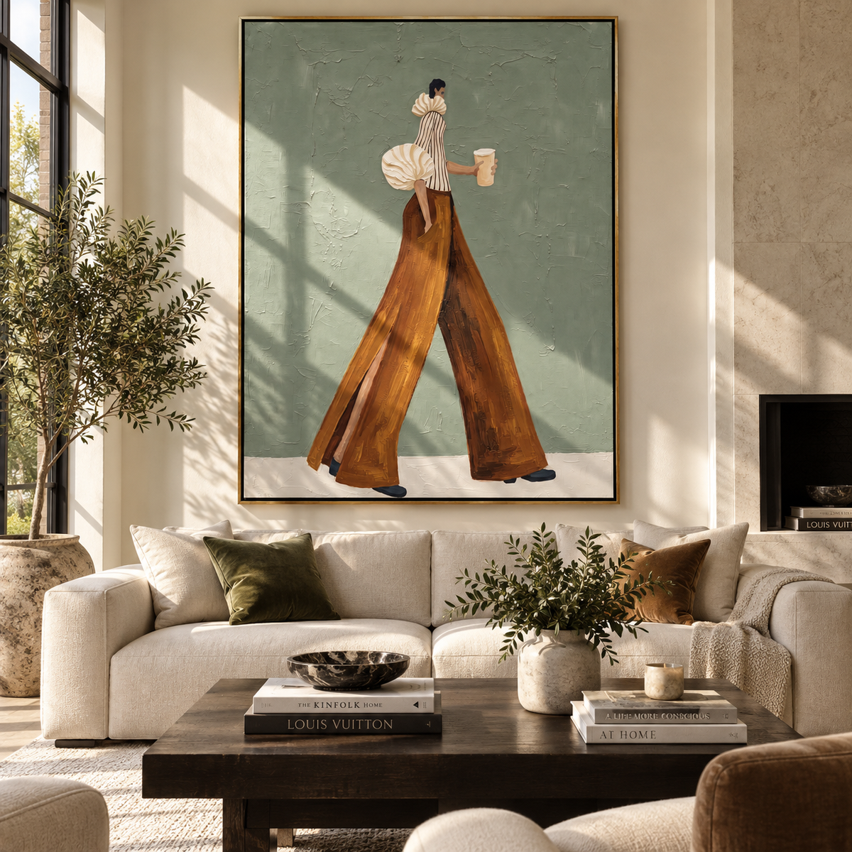 Amber Pants Sage Walk focuses on the specific fashion figure shown in the artwork: slender walking woman in amber wide-leg pants and cream puff sleeve carrying a small cup. The image is built around elongated trousers, a compact upper-body pose, sculptural sleeve volume, small accessory detail, and a quiet studio background. The orange, beige, green palette keeps the mood refined while the raised texture and visible brushwork make the surface feel handmade rather than printed. This made-to-order