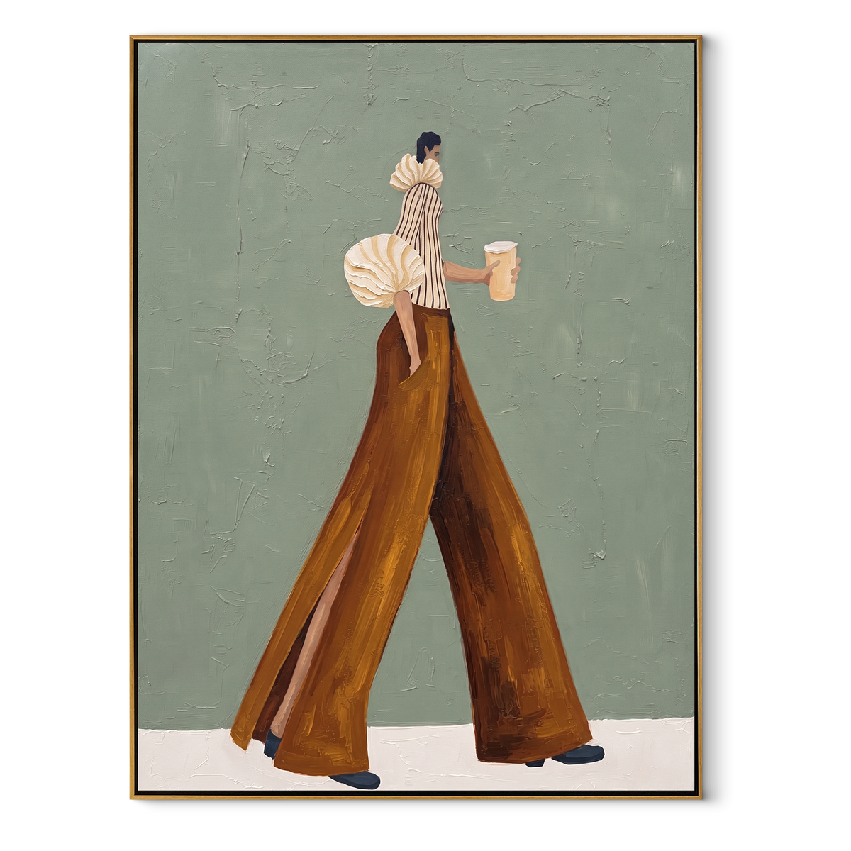 Amber Pants Sage Walk focuses on the specific fashion figure shown in the artwork: slender walking woman in amber wide-leg pants and cream puff sleeve carrying a small cup. The image is built around elongated trousers, a compact upper-body pose, sculptural sleeve volume, small accessory detail, and a quiet studio background. The orange, beige, green palette keeps the mood refined while the raised texture and visible brushwork make the surface feel handmade rather than printed. This made-to-order