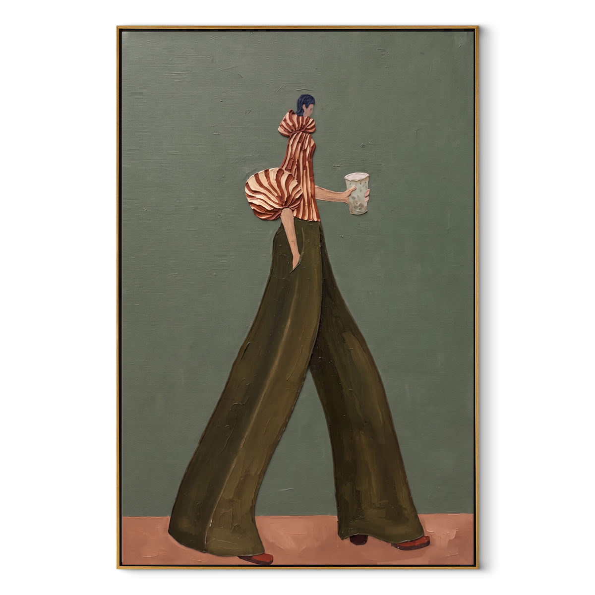 Olive Trousers Red Stripe Walk focuses on the specific fashion figure shown in the artwork: walking woman with red striped puff sleeve, olive trousers, and a pale cup. The image is built around elongated trousers, a compact upper-body pose, sculptural sleeve volume, small accessory detail, and a quiet studio background. The green, red, beige palette keeps the mood refined while the raised texture and visible brushwork make the surface feel handmade rather than printed. This made-to-order canvas