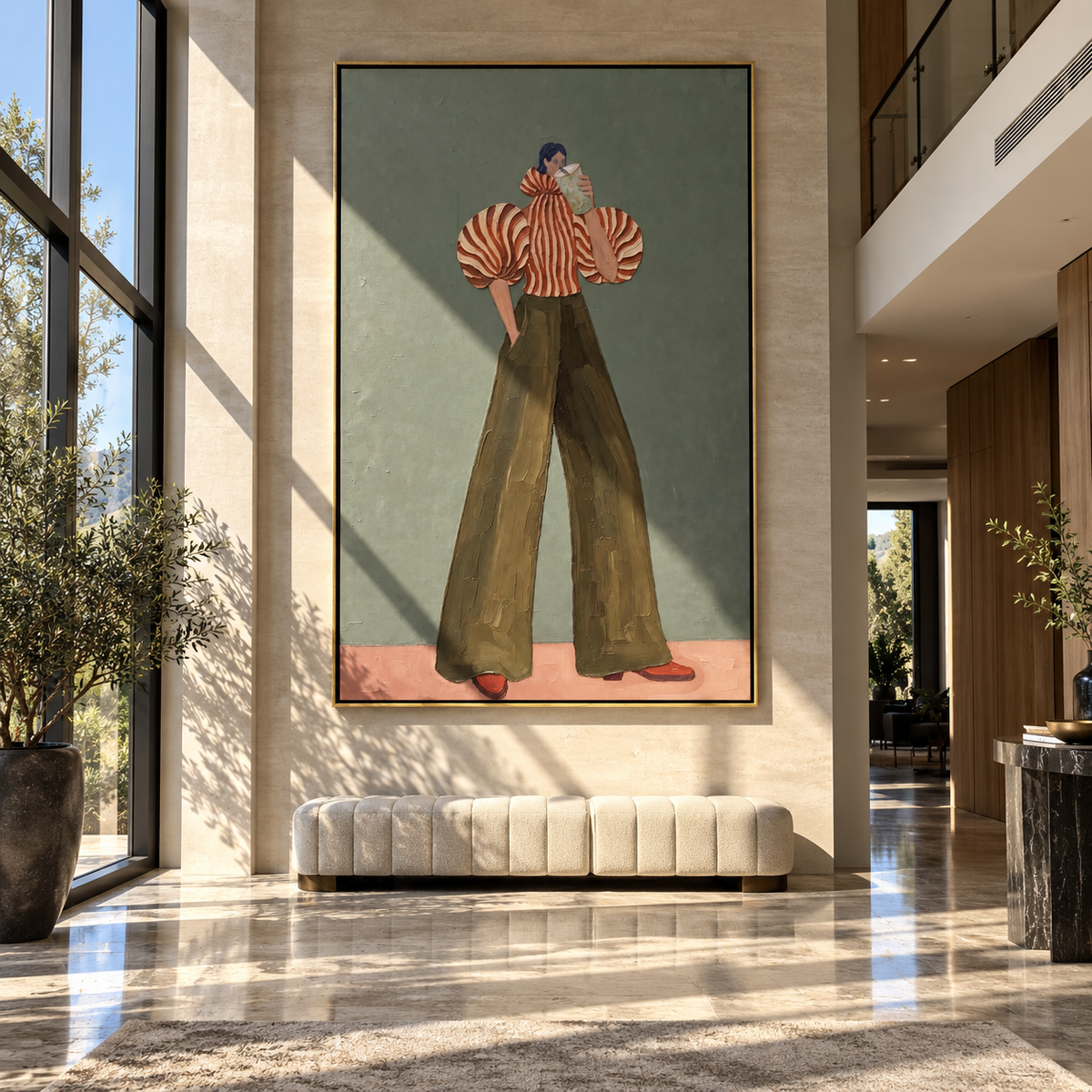 Red Stripe Olive Pants Portrait focuses on the specific fashion figure shown in the artwork: front-facing fashion figure with red striped sculptural sleeves and olive wide-leg pants holding a small card. The image is built around elongated trousers, a compact upper-body pose, sculptural sleeve volume, small accessory detail, and a quiet studio background. The green, red, beige palette keeps the mood refined while the raised texture and visible brushwork make the surface feel handmade rather than