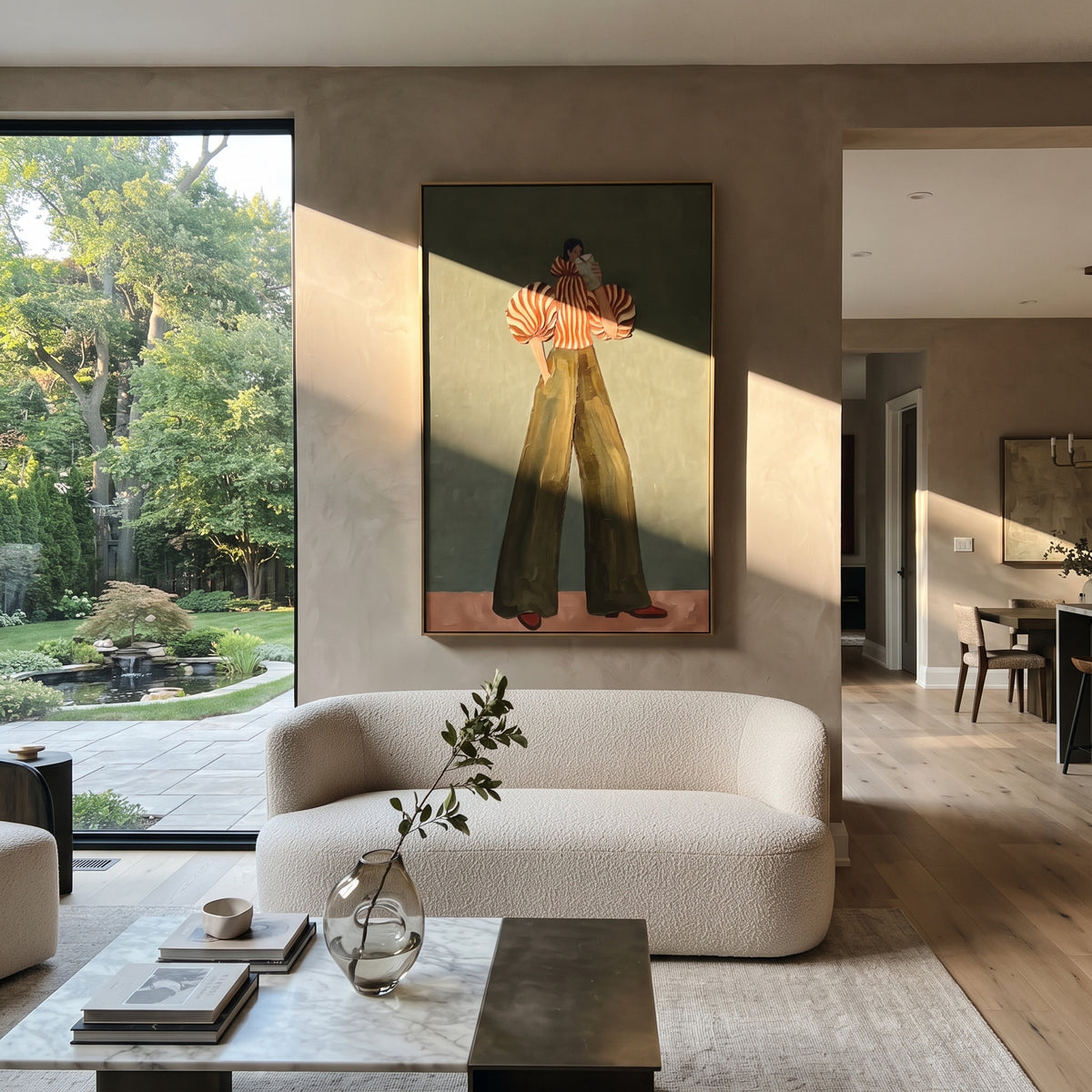 Red Stripe Olive Pants Portrait focuses on the specific fashion figure shown in the artwork: front-facing fashion figure with red striped sculptural sleeves and olive wide-leg pants holding a small card. The image is built around elongated trousers, a compact upper-body pose, sculptural sleeve volume, small accessory detail, and a quiet studio background. The green, red, beige palette keeps the mood refined while the raised texture and visible brushwork make the surface feel handmade rather than