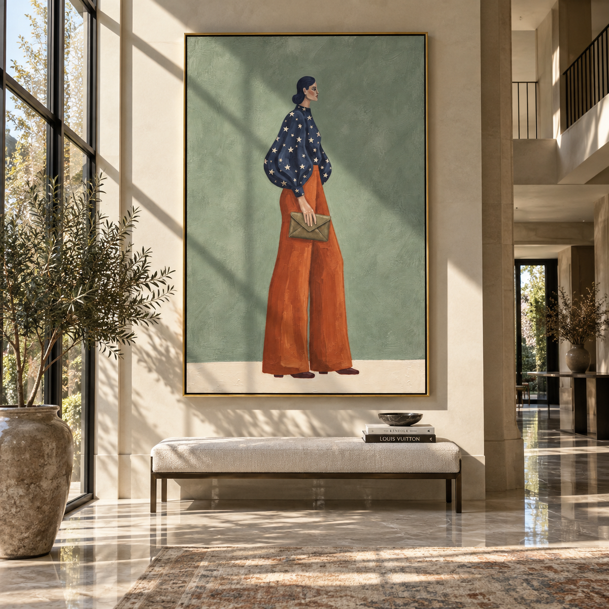 Navy Star Blouse Clutch focuses on the specific fashion figure shown in the artwork: woman in a navy star-pattern blouse and rust trousers holding a soft clutch. The image is built around elongated trousers, a compact upper-body pose, sculptural sleeve volume, small accessory detail, and a quiet studio background. The blue, brown, green palette keeps the mood refined while the raised texture and visible brushwork make the surface feel handmade rather than printed. This made-to-order canvas suits
