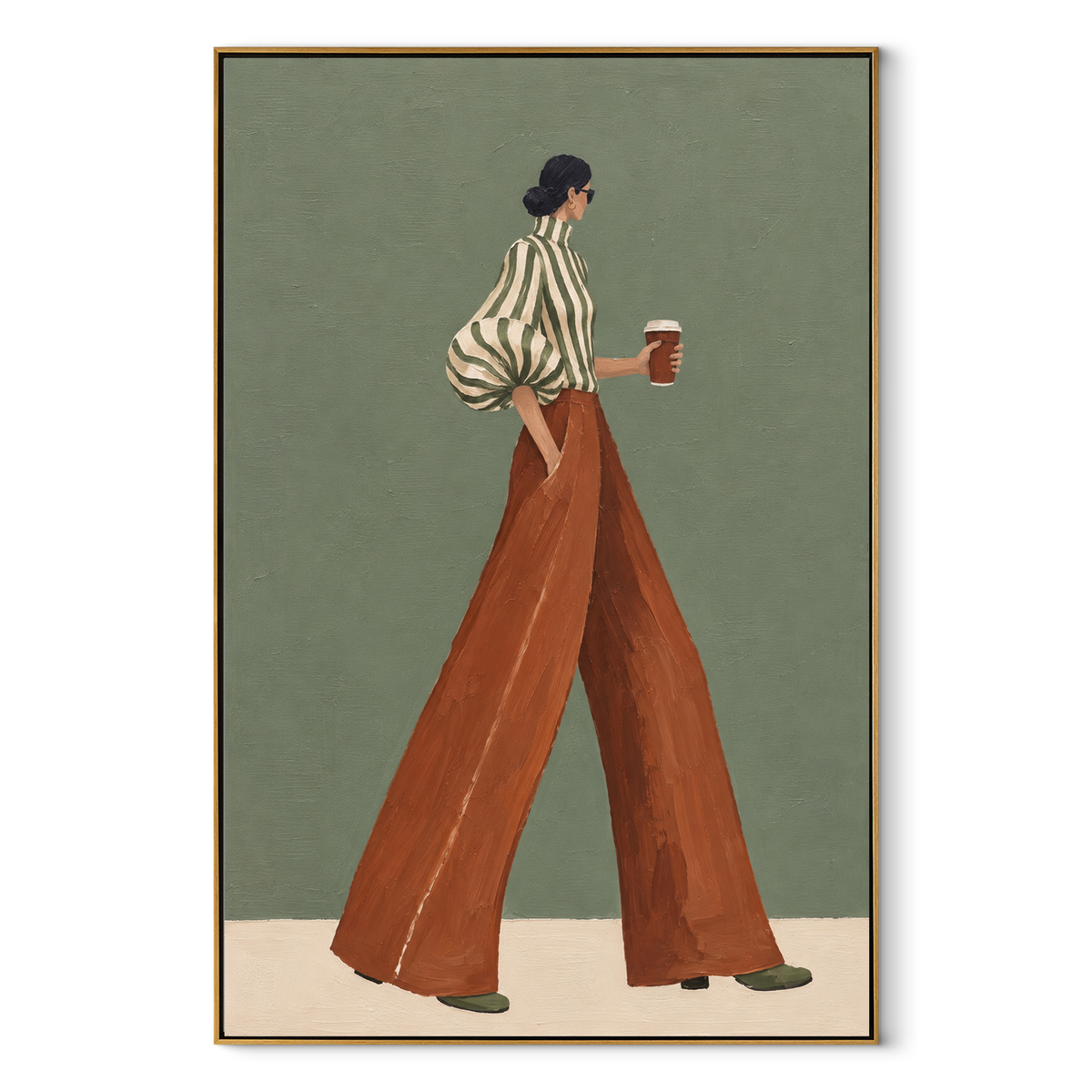 Striped Sleeve Coffee Profile focuses on the specific fashion figure shown in the artwork: walking woman in green striped blouse, rust trousers, and coffee cup on a pale green wall. The image is built around elongated trousers, a compact upper-body pose, sculptural sleeve volume, small accessory detail, and a quiet studio background. The brown, green, beige palette keeps the mood refined while the raised texture and visible brushwork make the surface feel handmade rather than printed. This