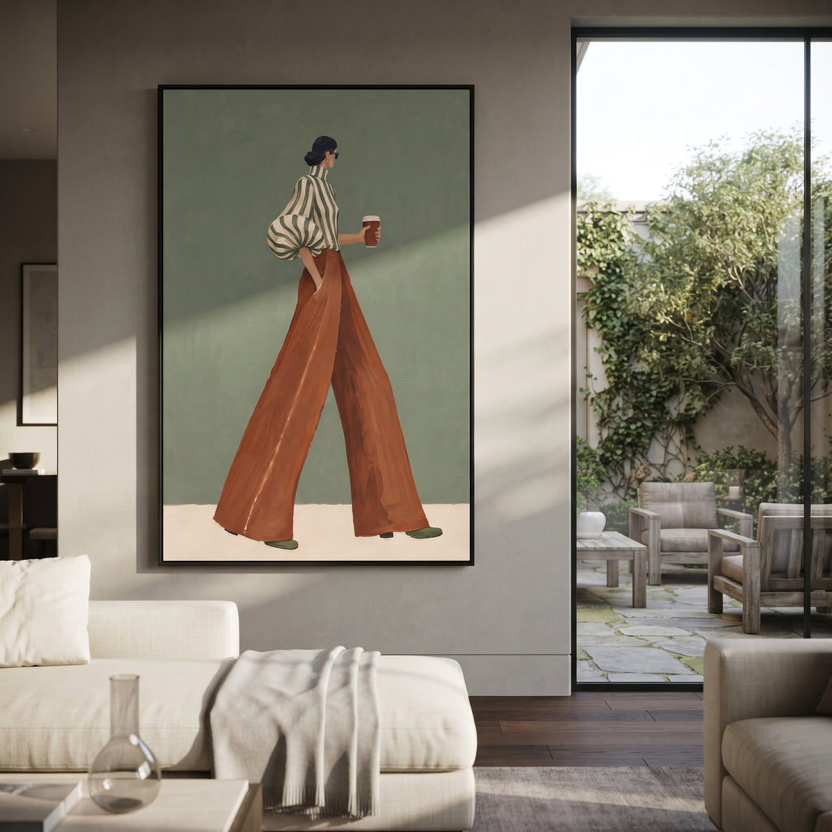 Striped Sleeve Coffee Profile focuses on the specific fashion figure shown in the artwork: walking woman in green striped blouse, rust trousers, and coffee cup on a pale green wall. The image is built around elongated trousers, a compact upper-body pose, sculptural sleeve volume, small accessory detail, and a quiet studio background. The brown, green, beige palette keeps the mood refined while the raised texture and visible brushwork make the surface feel handmade rather than printed. This