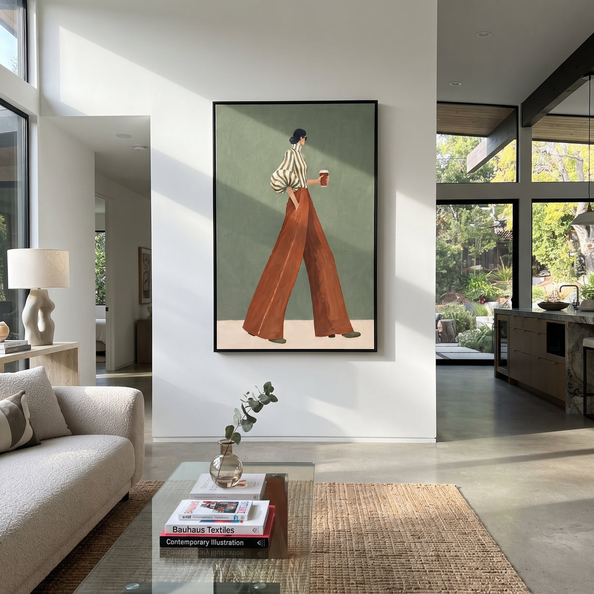 Striped Sleeve Coffee Profile focuses on the specific fashion figure shown in the artwork: walking woman in green striped blouse, rust trousers, and coffee cup on a pale green wall. The image is built around elongated trousers, a compact upper-body pose, sculptural sleeve volume, small accessory detail, and a quiet studio background. The brown, green, beige palette keeps the mood refined while the raised texture and visible brushwork make the surface feel handmade rather than printed. This