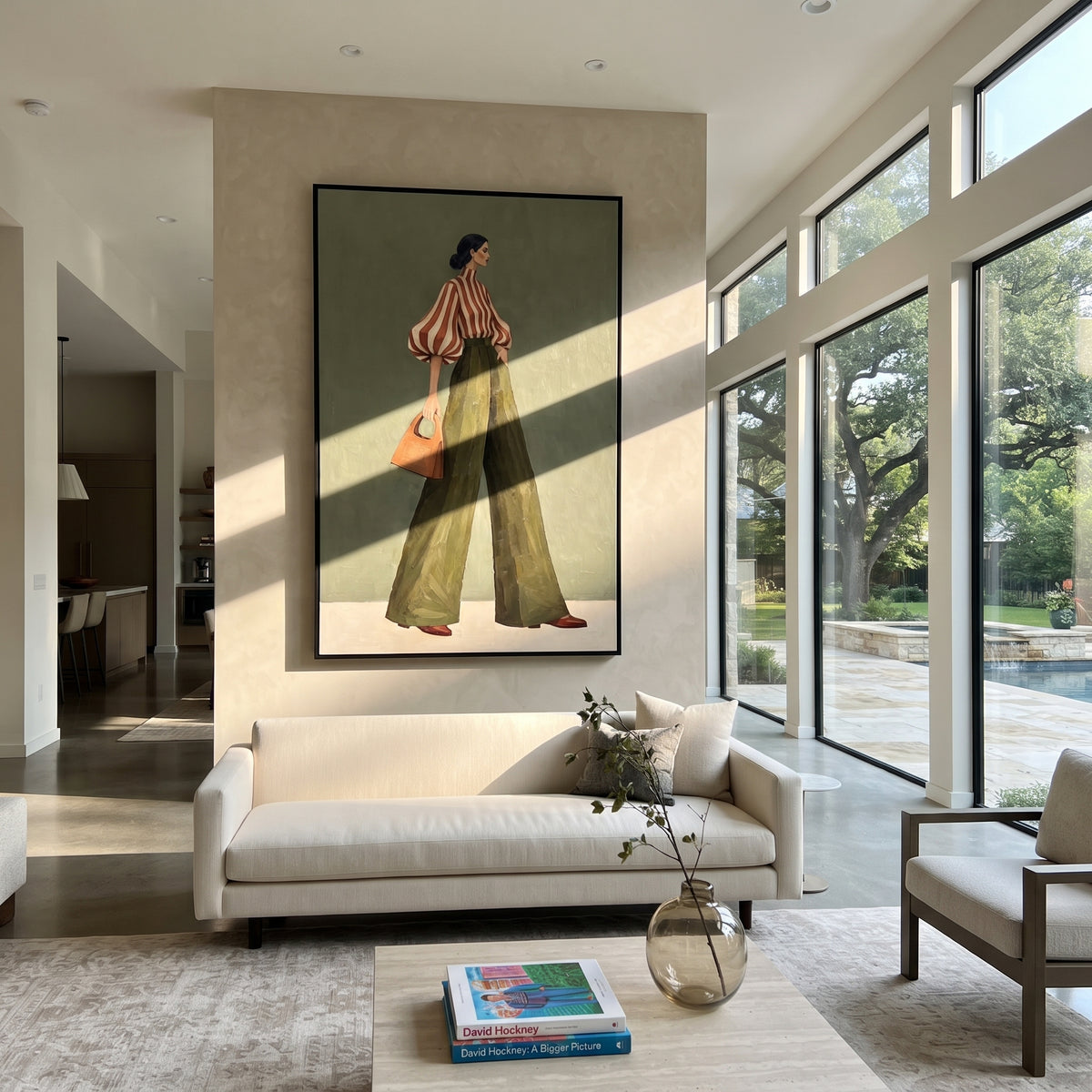 Orange Stripe Olive Handbag focuses on the specific fashion figure shown in the artwork: standing side-profile woman in orange striped blouse, olive trousers, and tan handbag. The image is built around elongated trousers, a compact upper-body pose, sculptural sleeve volume, small accessory detail, and a quiet studio background. The green, orange, beige palette keeps the mood refined while the raised texture and visible brushwork make the surface feel handmade rather than printed. This