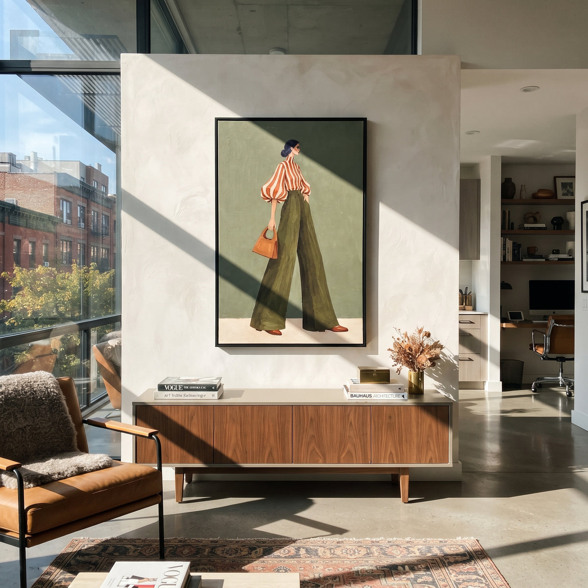 Orange Stripe Olive Handbag focuses on the specific fashion figure shown in the artwork: standing side-profile woman in orange striped blouse, olive trousers, and tan handbag. The image is built around elongated trousers, a compact upper-body pose, sculptural sleeve volume, small accessory detail, and a quiet studio background. The green, orange, beige palette keeps the mood refined while the raised texture and visible brushwork make the surface feel handmade rather than printed. This