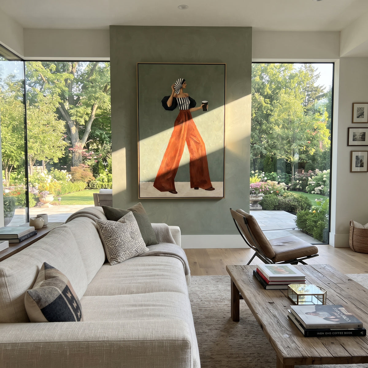 Striped Bandeau Coffee Walk focuses on the specific fashion figure shown in the artwork: woman in striped bandeau top and rust trousers with head scarf and coffee cup. The image is built around elongated trousers, a compact upper-body pose, sculptural sleeve volume, small accessory detail, and a quiet studio background. The brown, black, beige palette keeps the mood refined while the raised texture and visible brushwork make the surface feel handmade rather than printed. This made-to-order