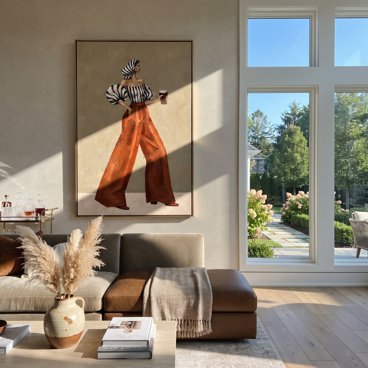Headscarf Coffee Back Pose focuses on the specific fashion figure shown in the artwork: back-view woman in striped off-shoulder blouse and rust trousers holding coffee. The image is built around elongated trousers, a compact upper-body pose, sculptural sleeve volume, small accessory detail, and a quiet studio background. The brown, beige, white palette keeps the mood refined while the raised texture and visible brushwork make the surface feel handmade rather than printed. This made-to-order