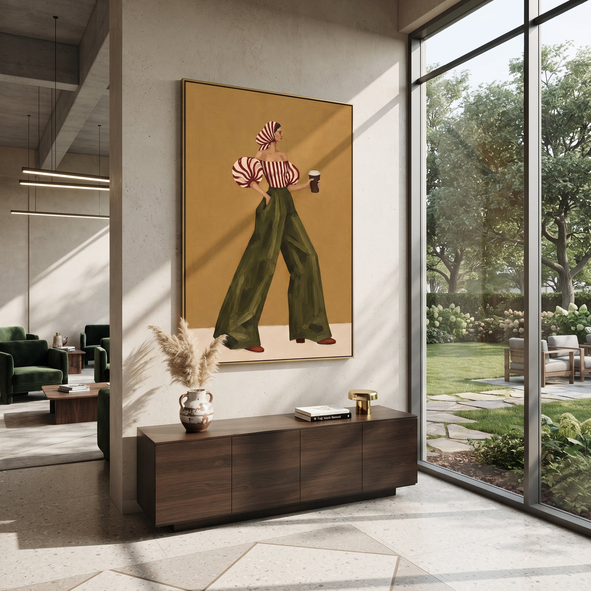 Red Stripe Green Pants Back focuses on the specific fashion figure shown in the artwork: back-view woman with red striped puff blouse, green trousers, and striped headscarf. The image is built around elongated trousers, a compact upper-body pose, sculptural sleeve volume, small accessory detail, and a quiet studio background. The green, red, yellow palette keeps the mood refined while the raised texture and visible brushwork make the surface feel handmade rather than printed. This made-to-order