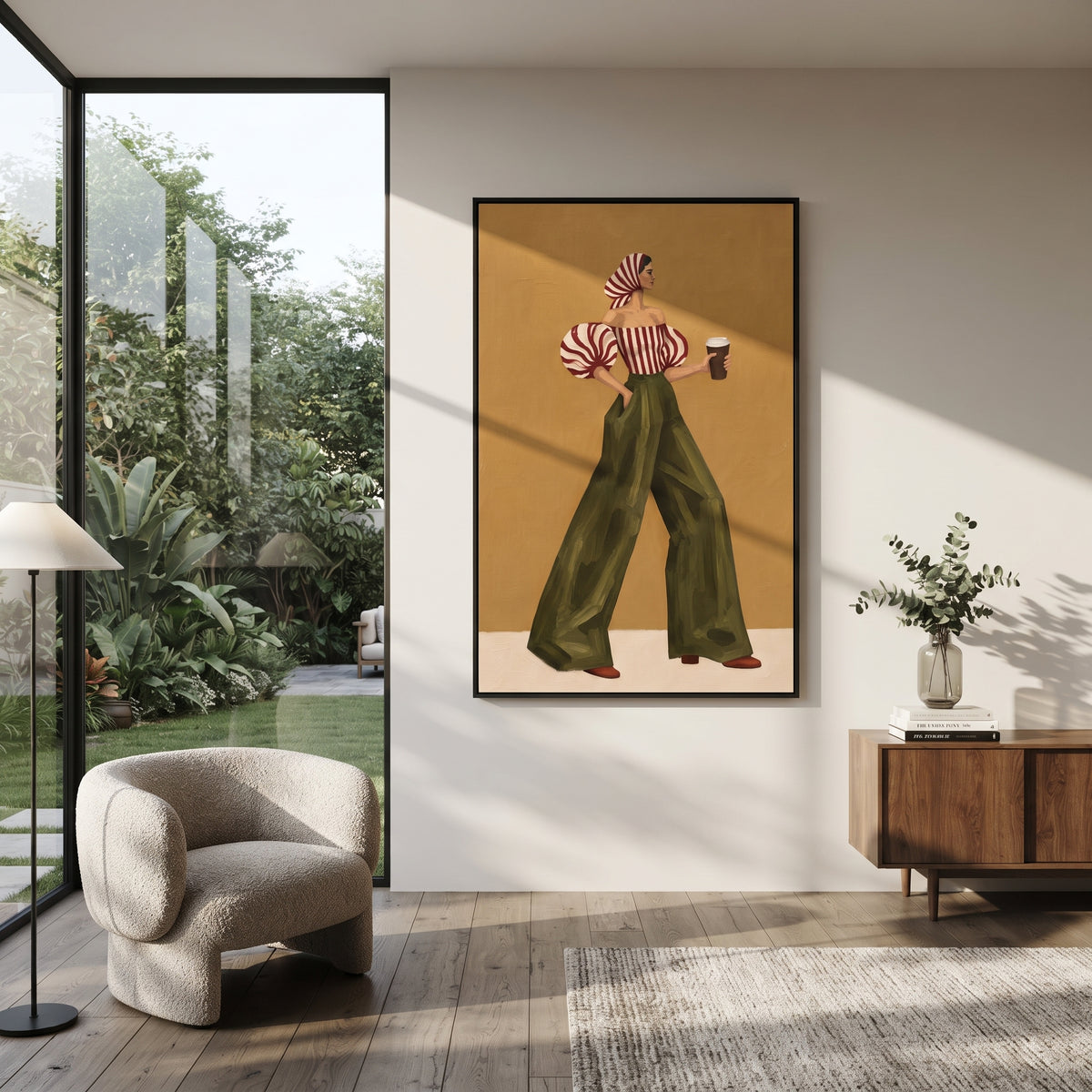 Red Stripe Green Pants Back focuses on the specific fashion figure shown in the artwork: back-view woman with red striped puff blouse, green trousers, and striped headscarf. The image is built around elongated trousers, a compact upper-body pose, sculptural sleeve volume, small accessory detail, and a quiet studio background. The green, red, yellow palette keeps the mood refined while the raised texture and visible brushwork make the surface feel handmade rather than printed. This made-to-order