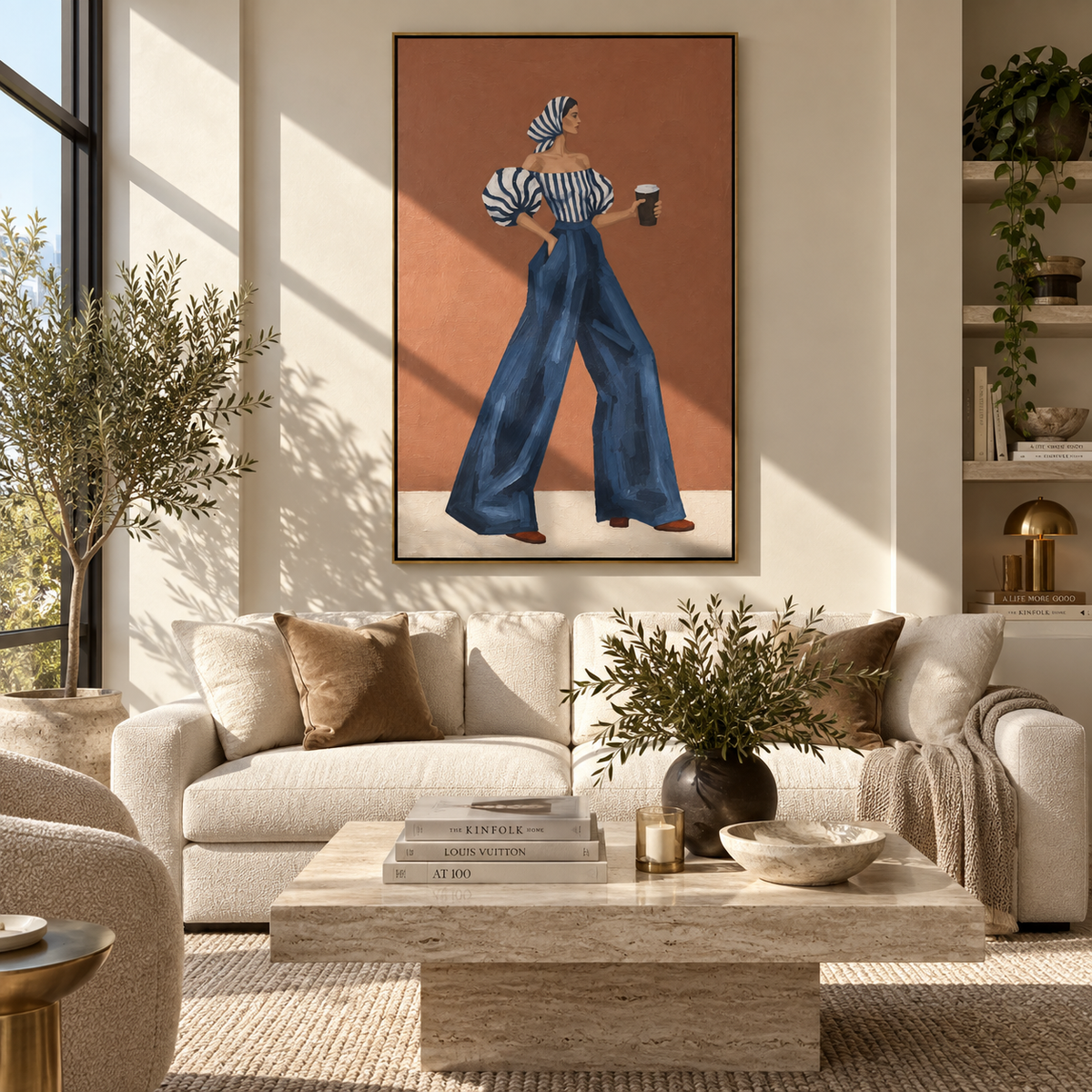 Blue Pants Coffee Back Pose focuses on the specific fashion figure shown in the artwork: back-view woman in blue wide-leg pants, striped puff blouse, and coffee cup. The image is built around elongated trousers, a compact upper-body pose, sculptural sleeve volume, small accessory detail, and a quiet studio background. The blue, beige, orange palette keeps the mood refined while the raised texture and visible brushwork make the surface feel handmade rather than printed. This made-to-order canvas