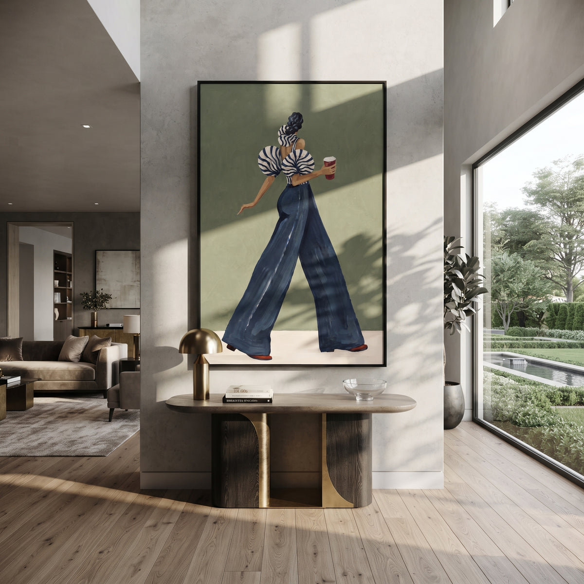 Blue Trouser Coffee Turn focuses on the specific fashion figure shown in the artwork: walking back-profile woman in blue trousers carrying a red coffee cup. The image is built around elongated trousers, a compact upper-body pose, sculptural sleeve volume, small accessory detail, and a quiet studio background. The blue, beige, green palette keeps the mood refined while the raised texture and visible brushwork make the surface feel handmade rather than printed. This made-to-order canvas suits