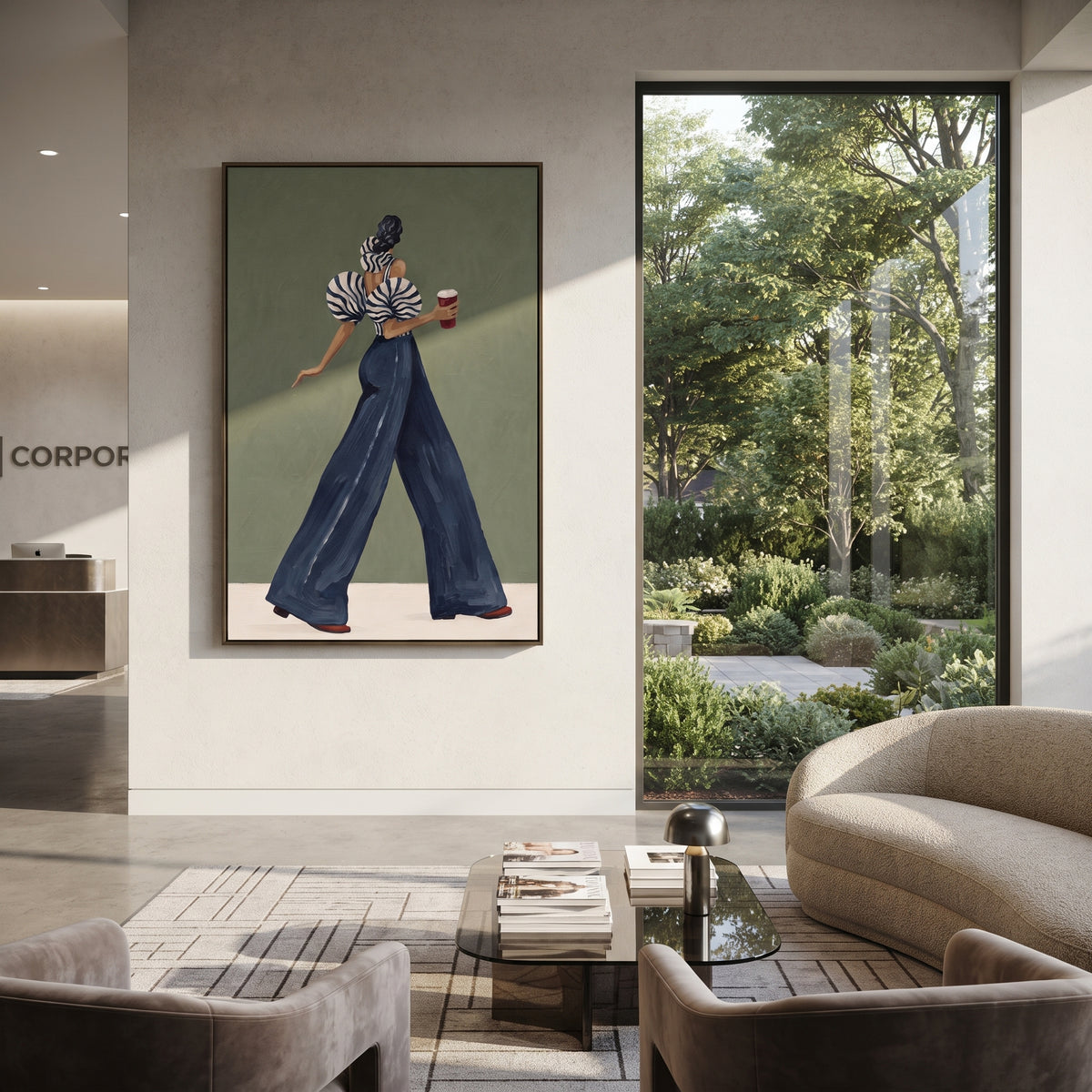 Blue Trouser Coffee Turn focuses on the specific fashion figure shown in the artwork: walking back-profile woman in blue trousers carrying a red coffee cup. The image is built around elongated trousers, a compact upper-body pose, sculptural sleeve volume, small accessory detail, and a quiet studio background. The blue, beige, green palette keeps the mood refined while the raised texture and visible brushwork make the surface feel handmade rather than printed. This made-to-order canvas suits