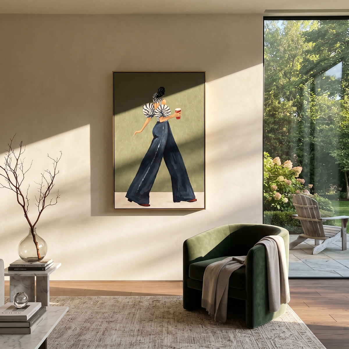 Blue Trouser Coffee Turn focuses on the specific fashion figure shown in the artwork: walking back-profile woman in blue trousers carrying a red coffee cup. The image is built around elongated trousers, a compact upper-body pose, sculptural sleeve volume, small accessory detail, and a quiet studio background. The blue, beige, green palette keeps the mood refined while the raised texture and visible brushwork make the surface feel handmade rather than printed. This made-to-order canvas suits