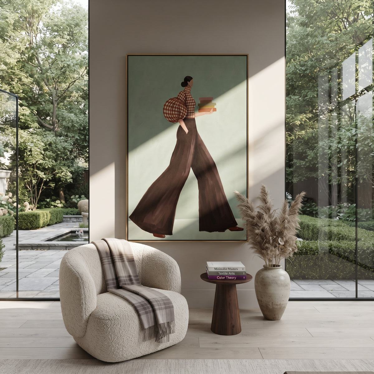 Book Stack Fashion Walk focuses on the specific fashion figure shown in the artwork: walking woman with red check puff sleeve and dark flowing trousers carrying stacked books. The image is built around elongated trousers, a compact upper-body pose, sculptural sleeve volume, small accessory detail, and a quiet studio background. The brown, red, green palette keeps the mood refined while the raised texture and visible brushwork make the surface feel handmade rather than printed. This made-to-order