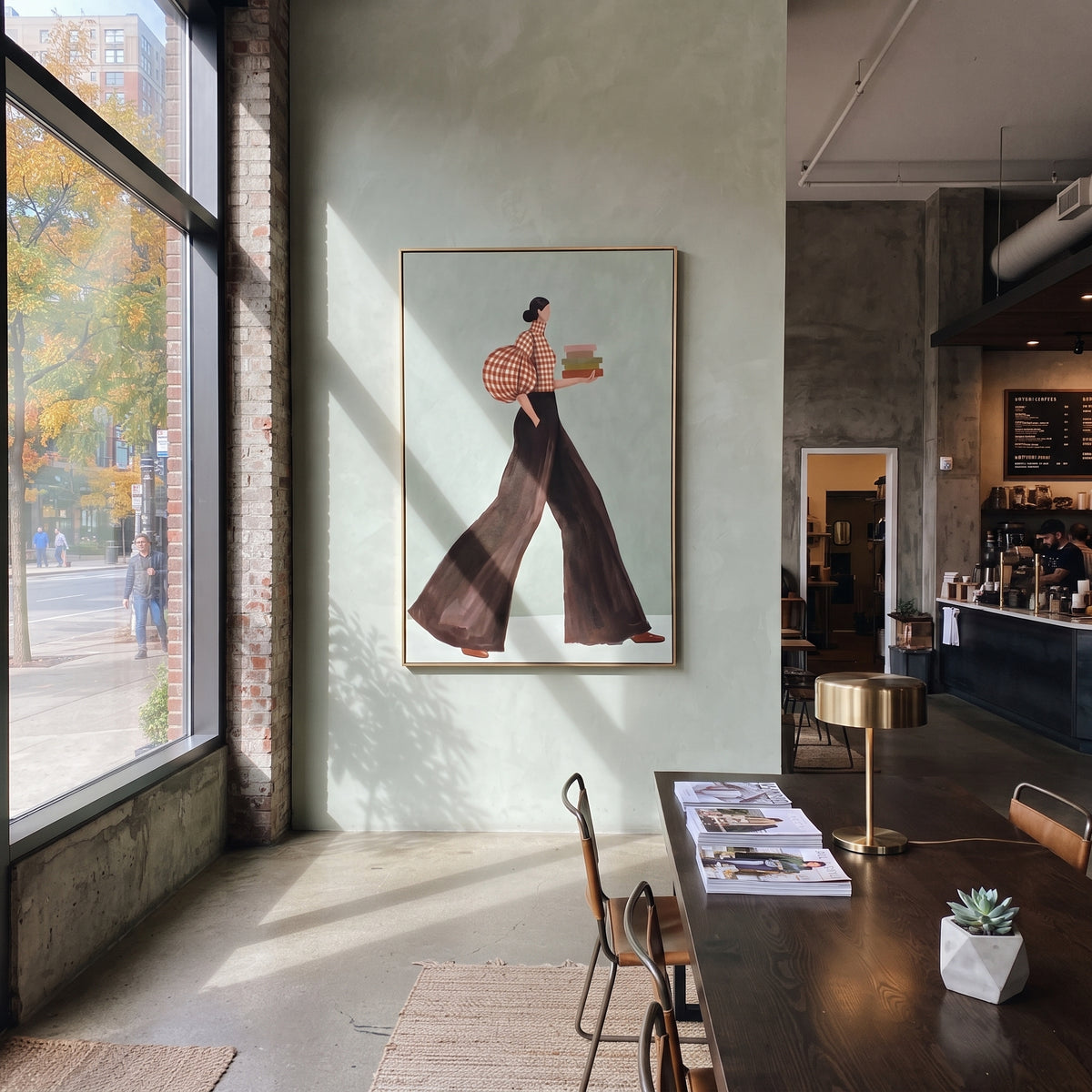 Book Stack Fashion Walk focuses on the specific fashion figure shown in the artwork: walking woman with red check puff sleeve and dark flowing trousers carrying stacked books. The image is built around elongated trousers, a compact upper-body pose, sculptural sleeve volume, small accessory detail, and a quiet studio background. The brown, red, green palette keeps the mood refined while the raised texture and visible brushwork make the surface feel handmade rather than printed. This made-to-order