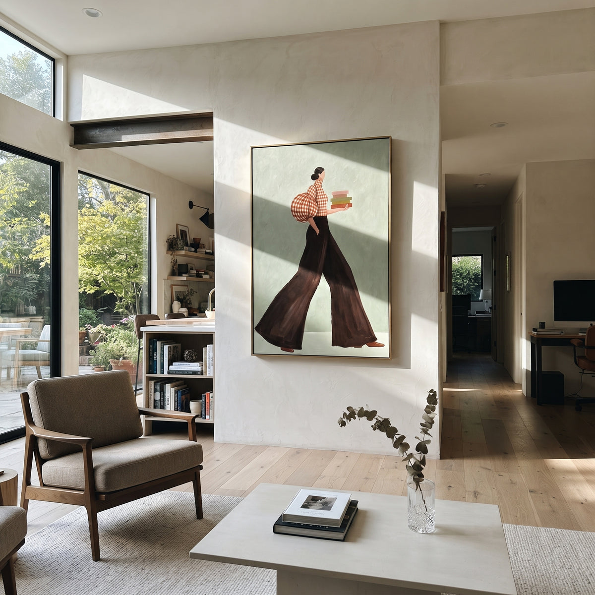 Book Stack Fashion Walk focuses on the specific fashion figure shown in the artwork: walking woman with red check puff sleeve and dark flowing trousers carrying stacked books. The image is built around elongated trousers, a compact upper-body pose, sculptural sleeve volume, small accessory detail, and a quiet studio background. The brown, red, green palette keeps the mood refined while the raised texture and visible brushwork make the surface feel handmade rather than printed. This made-to-order