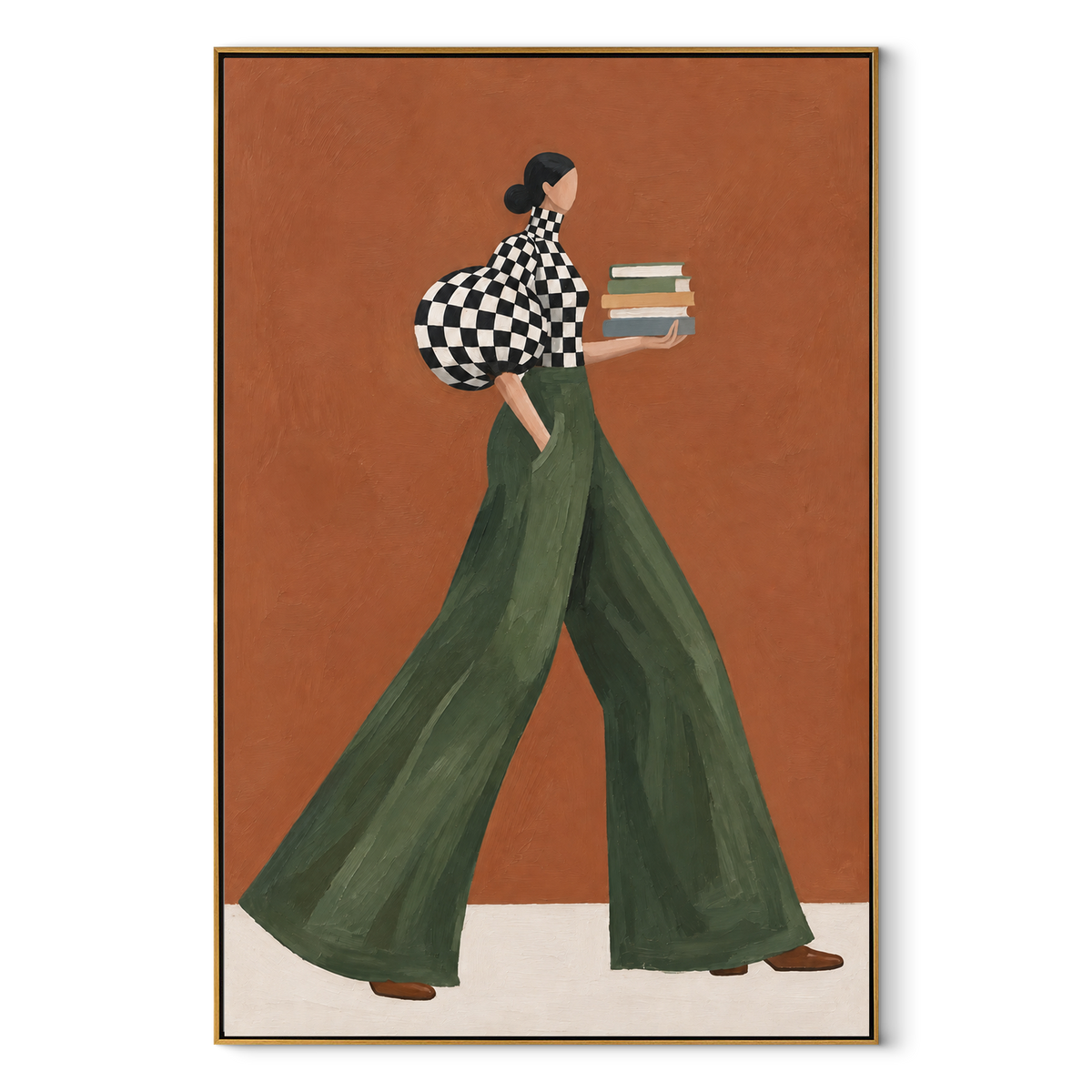 Check Sleeve Green Pants Books focuses on the specific fashion figure shown in the artwork: walking woman in black check puff sleeve and green trousers holding stacked books. The image is built around elongated trousers, a compact upper-body pose, sculptural sleeve volume, small accessory detail, and a quiet studio background. The green, black, orange palette keeps the mood refined while the raised texture and visible brushwork make the surface feel handmade rather than printed. This