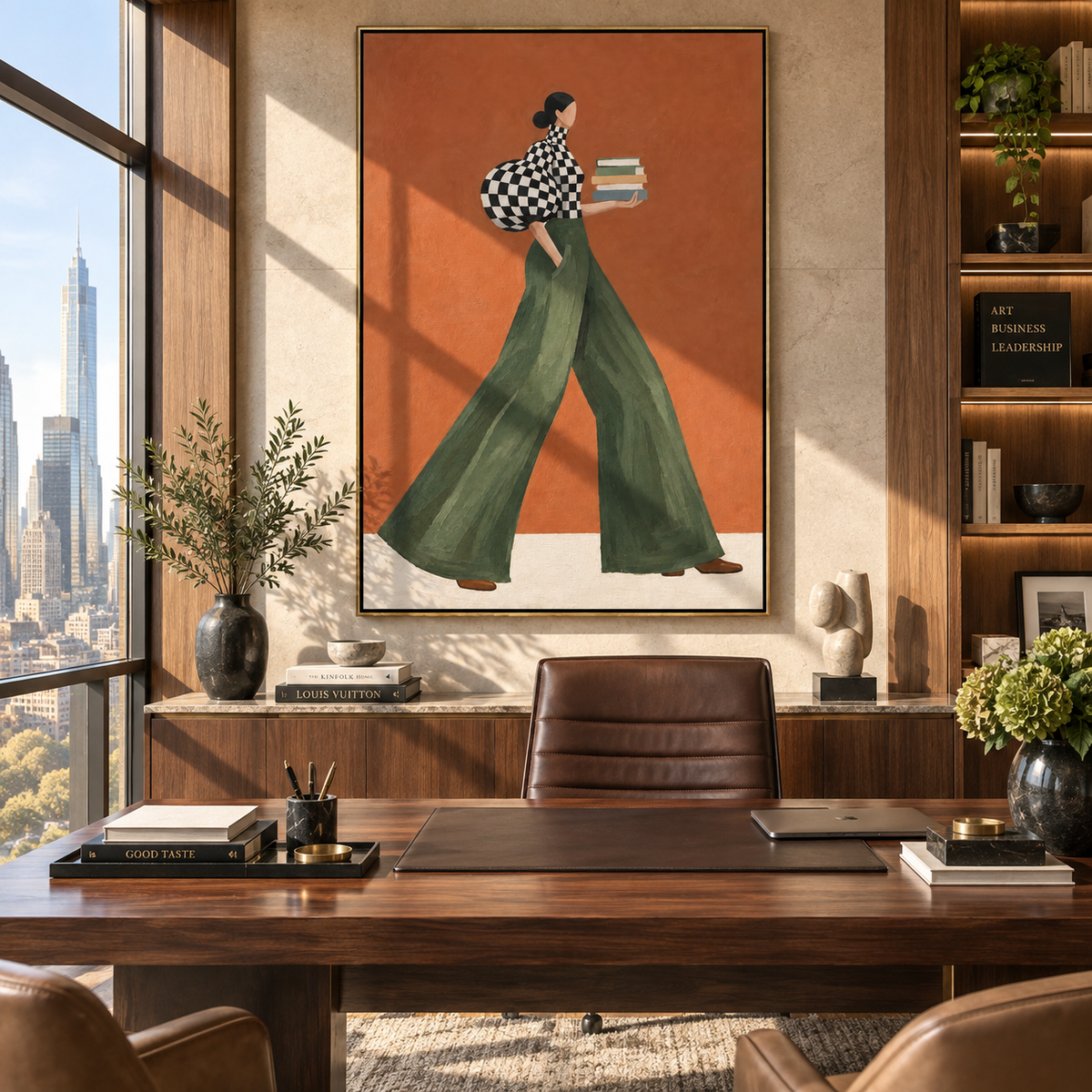 Check Sleeve Green Pants Books focuses on the specific fashion figure shown in the artwork: walking woman in black check puff sleeve and green trousers holding stacked books. The image is built around elongated trousers, a compact upper-body pose, sculptural sleeve volume, small accessory detail, and a quiet studio background. The green, black, orange palette keeps the mood refined while the raised texture and visible brushwork make the surface feel handmade rather than printed. This