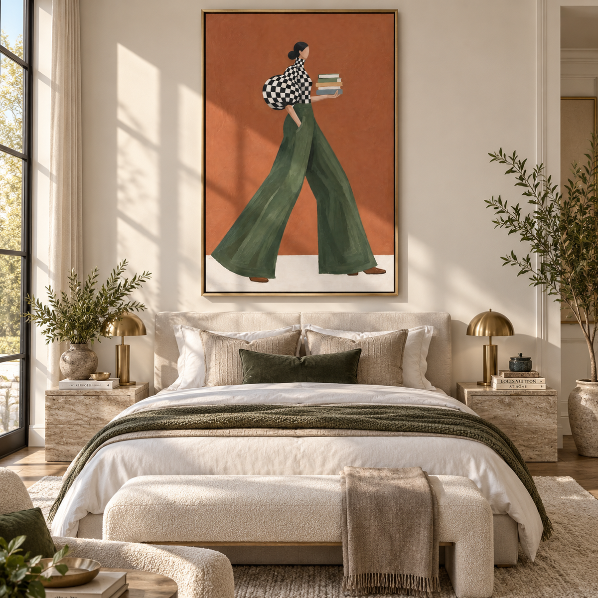 Check Sleeve Green Pants Books focuses on the specific fashion figure shown in the artwork: walking woman in black check puff sleeve and green trousers holding stacked books. The image is built around elongated trousers, a compact upper-body pose, sculptural sleeve volume, small accessory detail, and a quiet studio background. The green, black, orange palette keeps the mood refined while the raised texture and visible brushwork make the surface feel handmade rather than printed. This