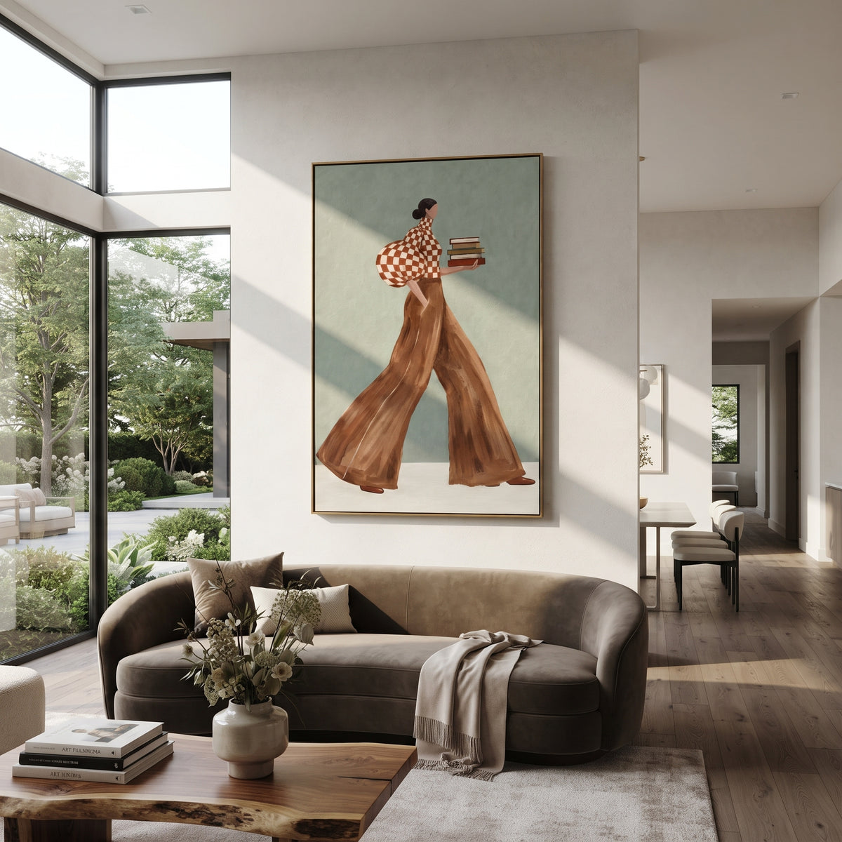 Red Check Books Walk focuses on the specific fashion figure shown in the artwork: walking woman in red check puff sleeve and brown trousers carrying stacked books. The image is built around elongated trousers, a compact upper-body pose, sculptural sleeve volume, small accessory detail, and a quiet studio background. The brown, red, green palette keeps the mood refined while the raised texture and visible brushwork make the surface feel handmade rather than printed. This made-to-order canvas