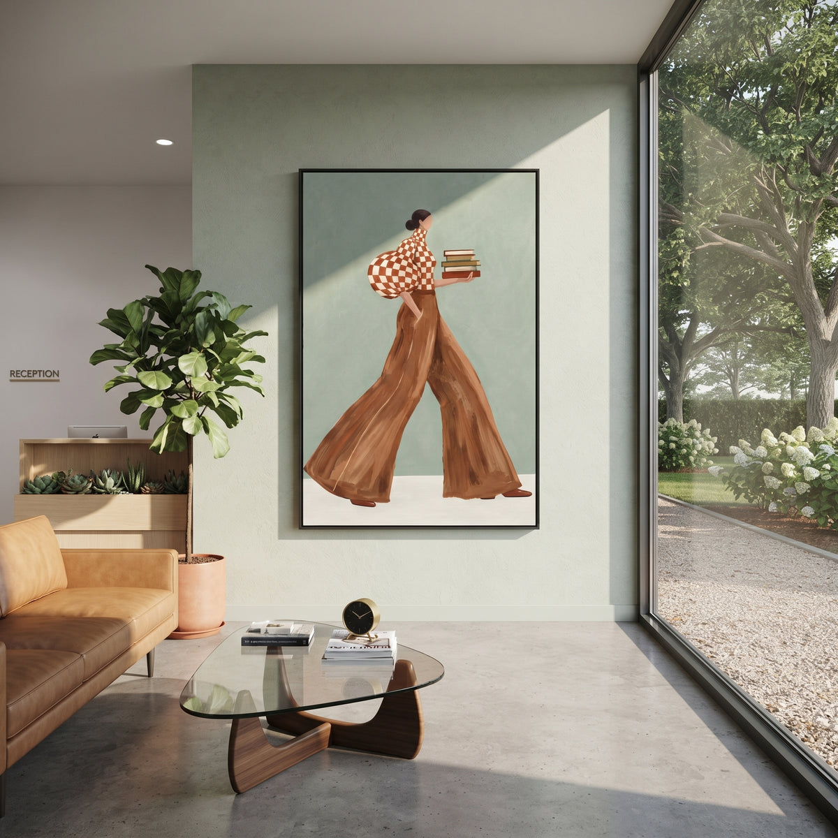 Red Check Books Walk focuses on the specific fashion figure shown in the artwork: walking woman in red check puff sleeve and brown trousers carrying stacked books. The image is built around elongated trousers, a compact upper-body pose, sculptural sleeve volume, small accessory detail, and a quiet studio background. The brown, red, green palette keeps the mood refined while the raised texture and visible brushwork make the surface feel handmade rather than printed. This made-to-order canvas