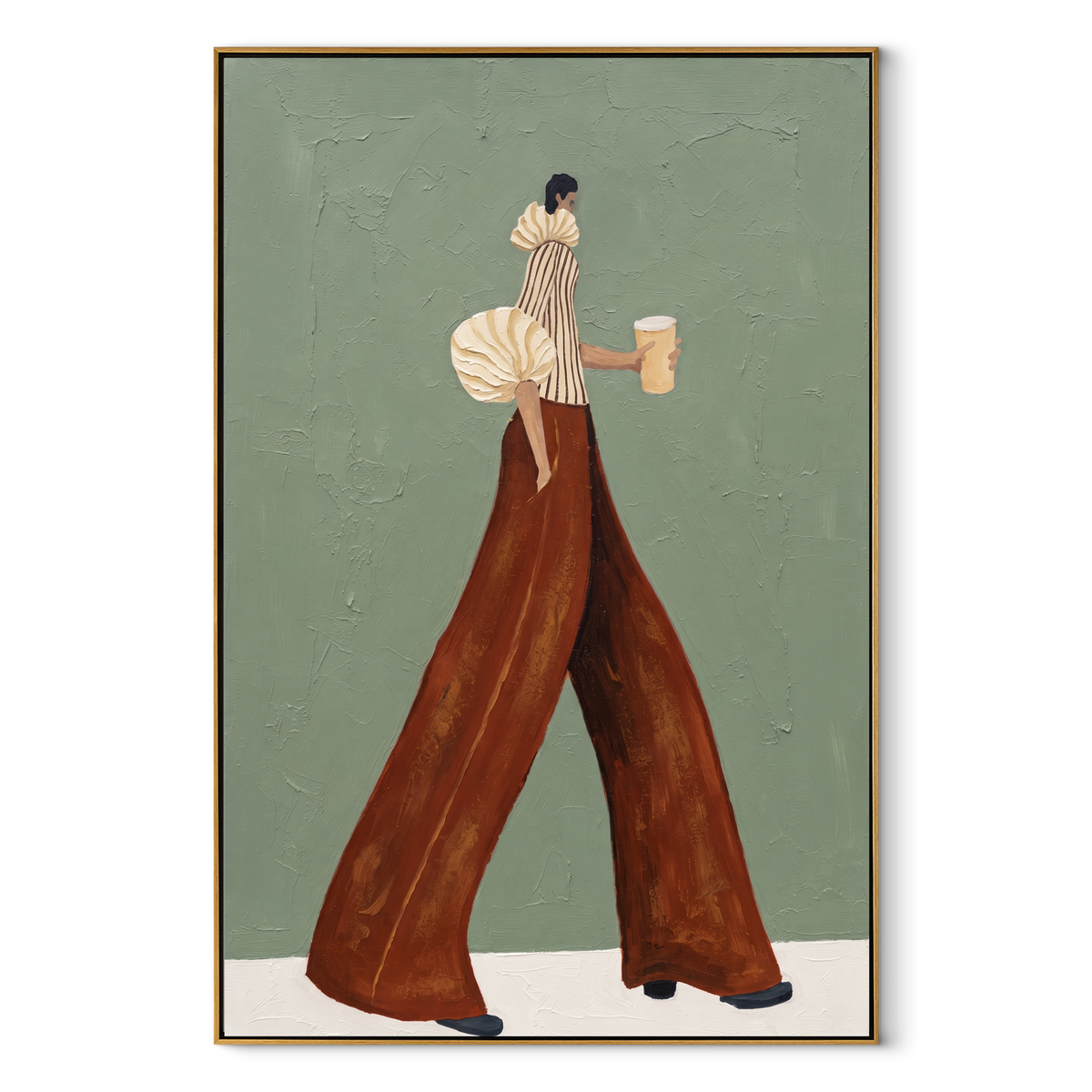 Cream Sleeve Coffee Minimal Walk focuses on the specific fashion figure shown in the artwork: minimal walking woman with cream puff sleeve, rust trousers, and pale coffee cup. The image is built around elongated trousers, a compact upper-body pose, sculptural sleeve volume, small accessory detail, and a quiet studio background. The brown, beige, green palette keeps the mood refined while the raised texture and visible brushwork make the surface feel handmade rather than printed. This