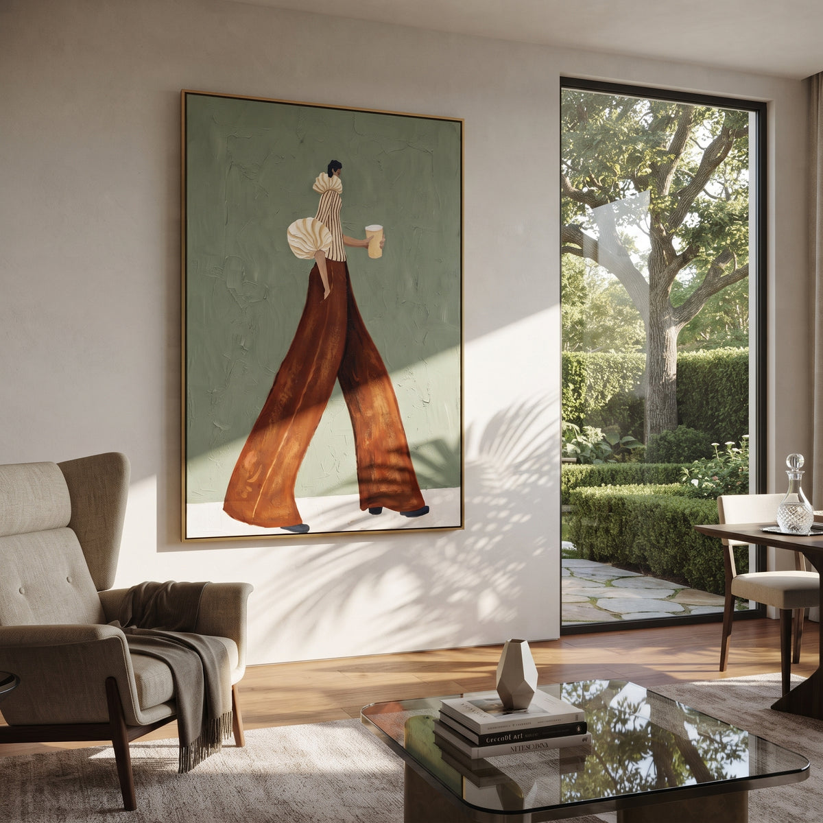 Cream Sleeve Coffee Minimal Walk focuses on the specific fashion figure shown in the artwork: minimal walking woman with cream puff sleeve, rust trousers, and pale coffee cup. The image is built around elongated trousers, a compact upper-body pose, sculptural sleeve volume, small accessory detail, and a quiet studio background. The brown, beige, green palette keeps the mood refined while the raised texture and visible brushwork make the surface feel handmade rather than printed. This