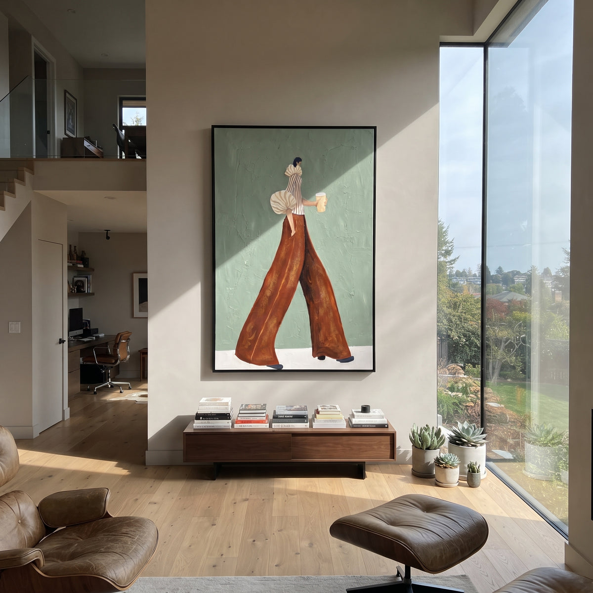 Cream Sleeve Coffee Minimal Walk focuses on the specific fashion figure shown in the artwork: minimal walking woman with cream puff sleeve, rust trousers, and pale coffee cup. The image is built around elongated trousers, a compact upper-body pose, sculptural sleeve volume, small accessory detail, and a quiet studio background. The brown, beige, green palette keeps the mood refined while the raised texture and visible brushwork make the surface feel handmade rather than printed. This
