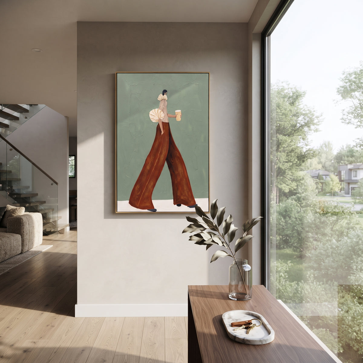 Cream Sleeve Coffee Minimal Walk focuses on the specific fashion figure shown in the artwork: minimal walking woman with cream puff sleeve, rust trousers, and pale coffee cup. The image is built around elongated trousers, a compact upper-body pose, sculptural sleeve volume, small accessory detail, and a quiet studio background. The brown, beige, green palette keeps the mood refined while the raised texture and visible brushwork make the surface feel handmade rather than printed. This
