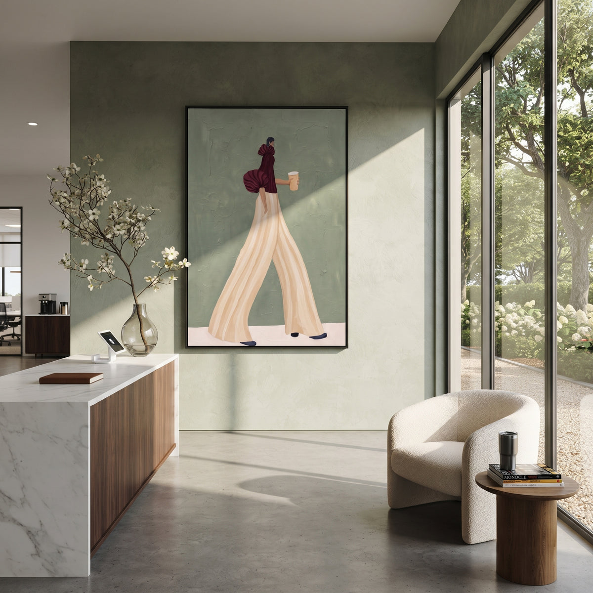 Burgundy Blouse Cream Pants Walk focuses on the specific fashion figure shown in the artwork: walking woman in burgundy blouse, cream flowing trousers, and coffee cup. The image is built around elongated trousers, a compact upper-body pose, sculptural sleeve volume, small accessory detail, and a quiet studio background. The beige, purple, green palette keeps the mood refined while the raised texture and visible brushwork make the surface feel handmade rather than printed. This made-to-order