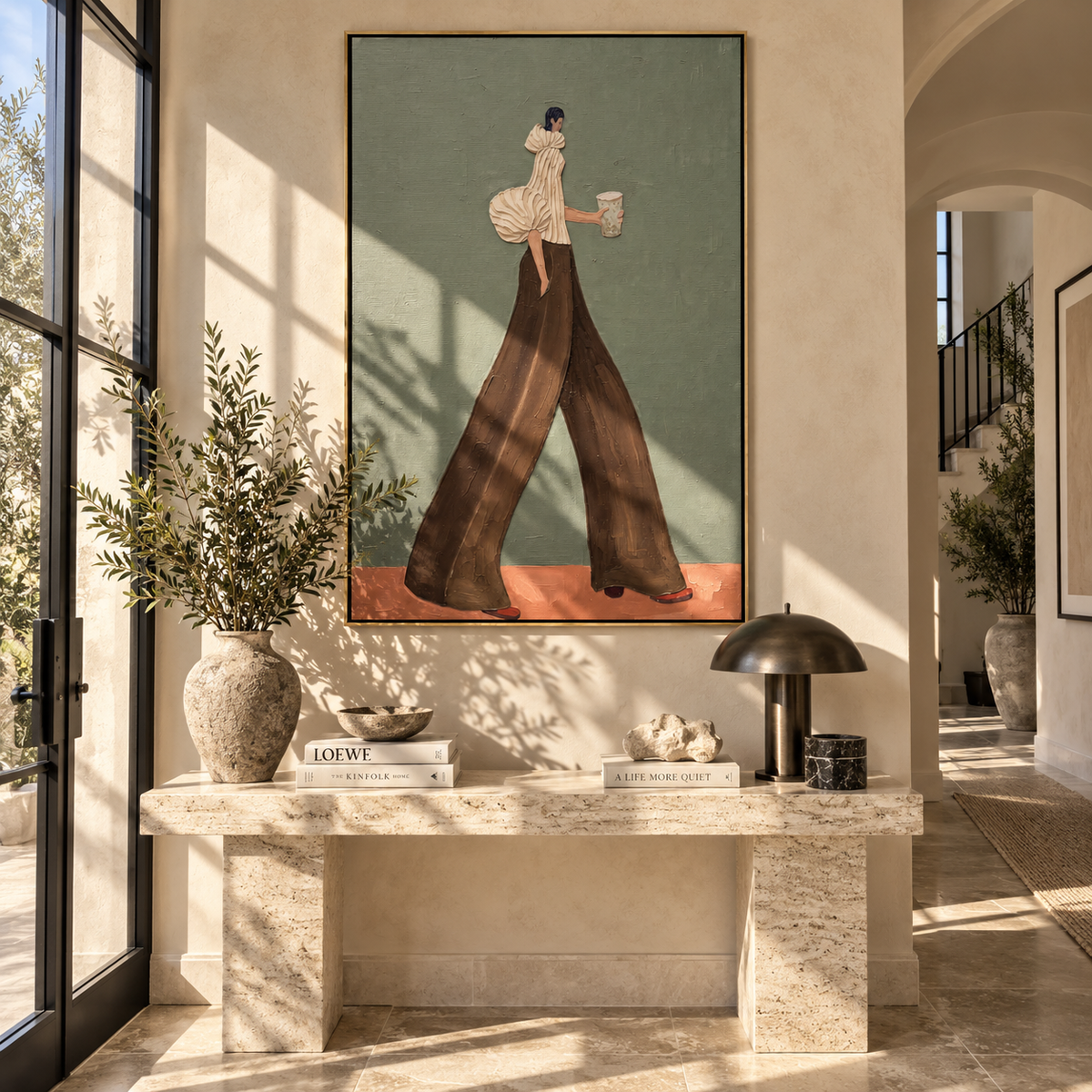 Cream Sleeve Brown Pants Coffee focuses on the specific fashion figure shown in the artwork: walking woman with cream puff sleeve, dark brown trousers, and patterned coffee cup. The image is built around elongated trousers, a compact upper-body pose, sculptural sleeve volume, small accessory detail, and a quiet studio background. The brown, beige, green palette keeps the mood refined while the raised texture and visible brushwork make the surface feel handmade rather than printed. This