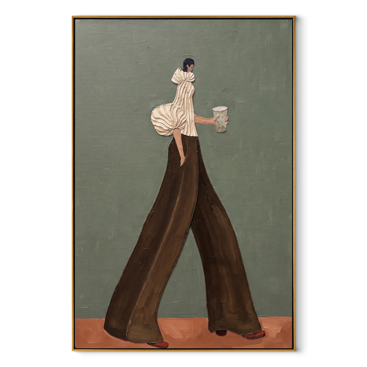Cream Sleeve Brown Pants Coffee focuses on the specific fashion figure shown in the artwork: walking woman with cream puff sleeve, dark brown trousers, and patterned coffee cup. The image is built around elongated trousers, a compact upper-body pose, sculptural sleeve volume, small accessory detail, and a quiet studio background. The brown, beige, green palette keeps the mood refined while the raised texture and visible brushwork make the surface feel handmade rather than printed. This
