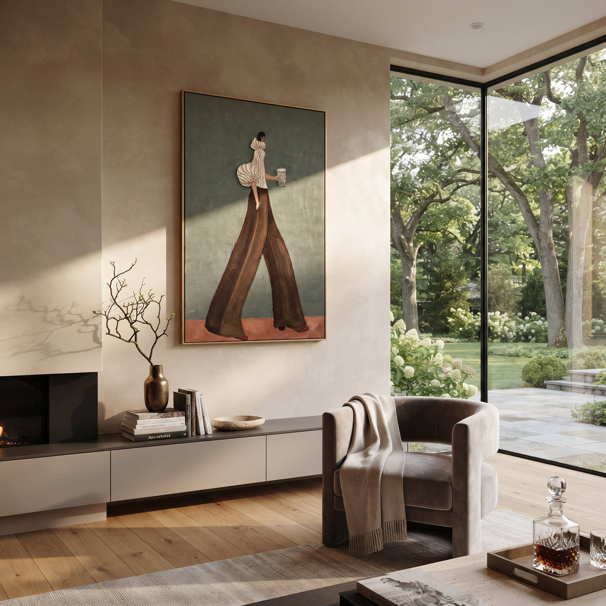 Cream Sleeve Brown Pants Coffee focuses on the specific fashion figure shown in the artwork: walking woman with cream puff sleeve, dark brown trousers, and patterned coffee cup. The image is built around elongated trousers, a compact upper-body pose, sculptural sleeve volume, small accessory detail, and a quiet studio background. The brown, beige, green palette keeps the mood refined while the raised texture and visible brushwork make the surface feel handmade rather than printed. This