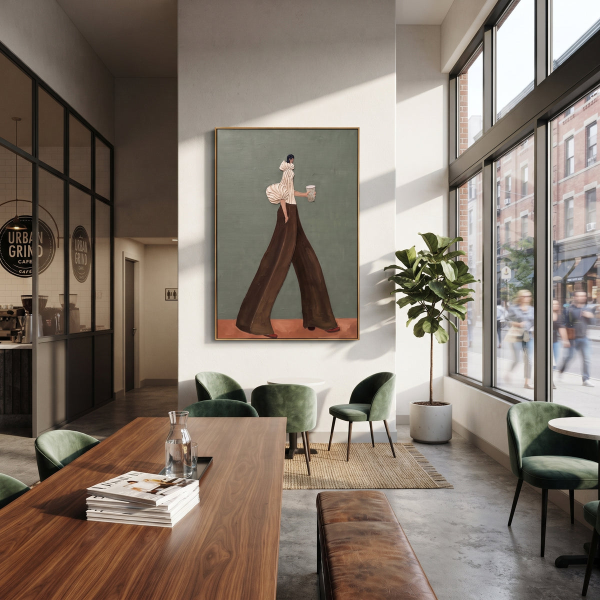 Cream Sleeve Brown Pants Coffee focuses on the specific fashion figure shown in the artwork: walking woman with cream puff sleeve, dark brown trousers, and patterned coffee cup. The image is built around elongated trousers, a compact upper-body pose, sculptural sleeve volume, small accessory detail, and a quiet studio background. The brown, beige, green palette keeps the mood refined while the raised texture and visible brushwork make the surface feel handmade rather than printed. This