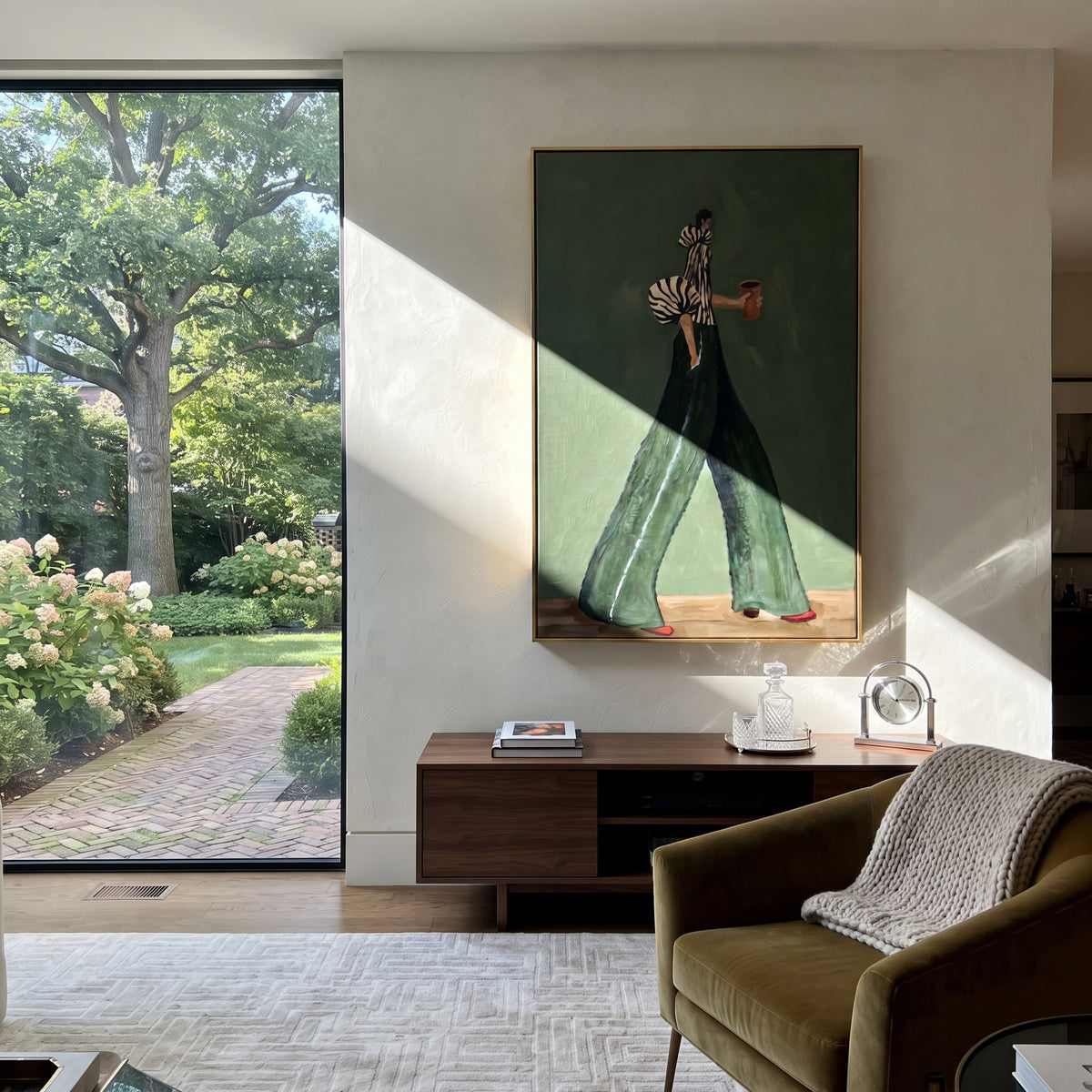 Dark Green Coffee Stride focuses on the specific fashion figure shown in the artwork: long-legged woman in black striped blouse and dark green trousers holding a coffee cup. The image is built around elongated trousers, a compact upper-body pose, sculptural sleeve volume, small accessory detail, and a quiet studio background. The green, black, white palette keeps the mood refined while the raised texture and visible brushwork make the surface feel handmade rather than printed. This made-to-order