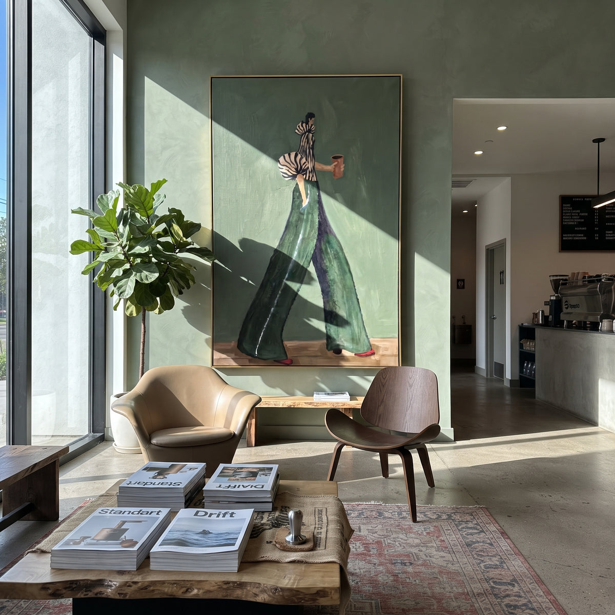 Dark Green Coffee Stride focuses on the specific fashion figure shown in the artwork: long-legged woman in black striped blouse and dark green trousers holding a coffee cup. The image is built around elongated trousers, a compact upper-body pose, sculptural sleeve volume, small accessory detail, and a quiet studio background. The green, black, white palette keeps the mood refined while the raised texture and visible brushwork make the surface feel handmade rather than printed. This made-to-order