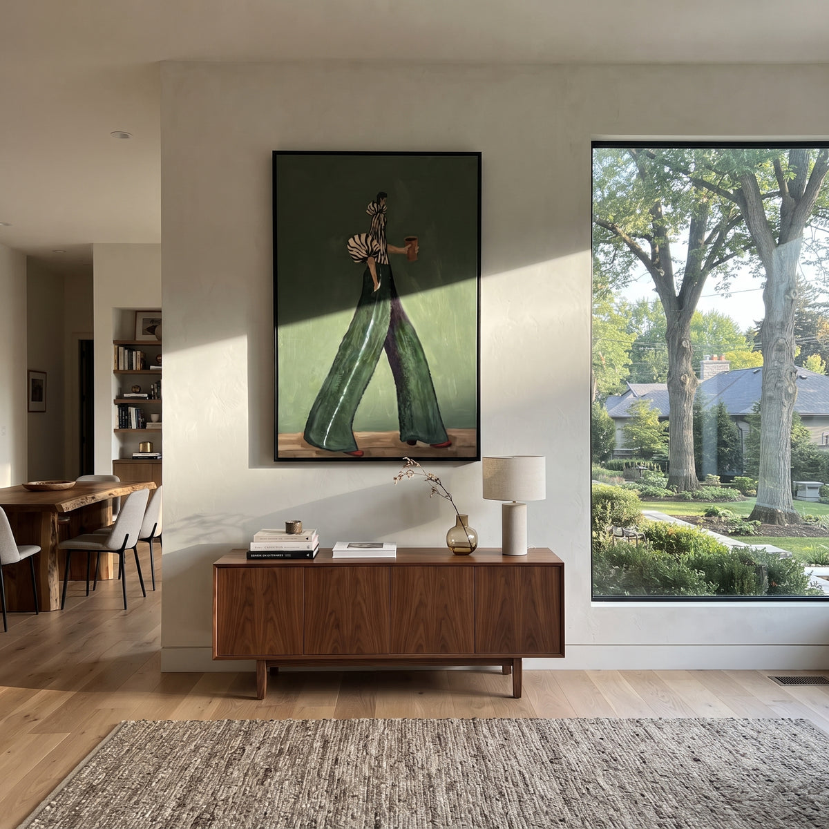 Dark Green Coffee Stride focuses on the specific fashion figure shown in the artwork: long-legged woman in black striped blouse and dark green trousers holding a coffee cup. The image is built around elongated trousers, a compact upper-body pose, sculptural sleeve volume, small accessory detail, and a quiet studio background. The green, black, white palette keeps the mood refined while the raised texture and visible brushwork make the surface feel handmade rather than printed. This made-to-order