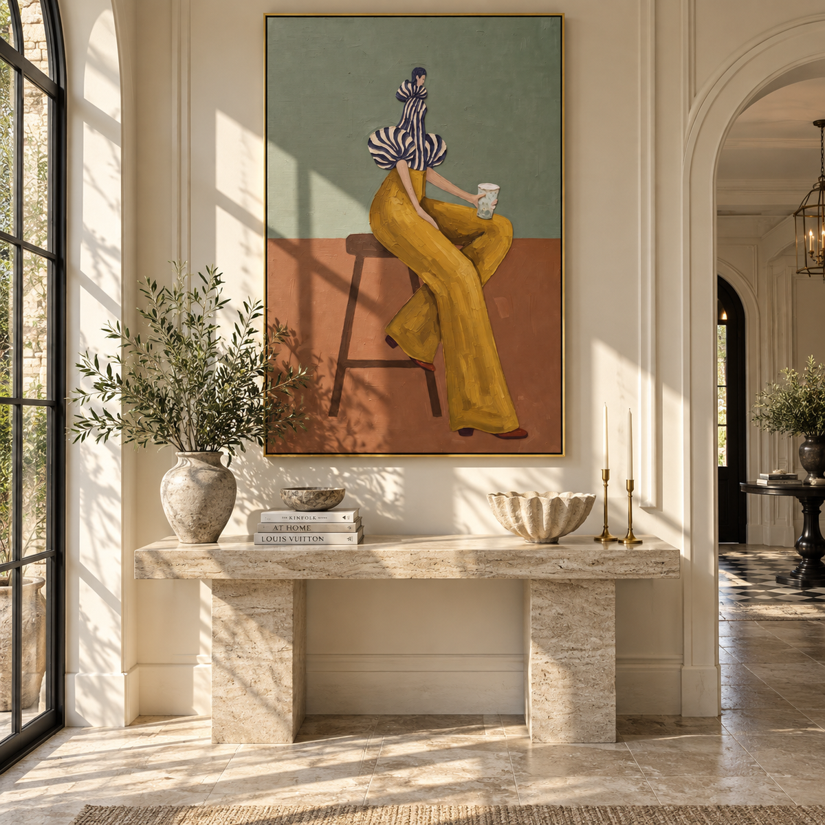 Yellow Pants Seated Coffee focuses on the specific fashion figure shown in the artwork: seated woman in yellow trousers, striped sculptural blouse, and coffee cup. The image is built around elongated trousers, a compact upper-body pose, sculptural sleeve volume, small accessory detail, and a quiet studio background. The yellow, blue, brown palette keeps the mood refined while the raised texture and visible brushwork make the surface feel handmade rather than printed. This made-to-order canvas