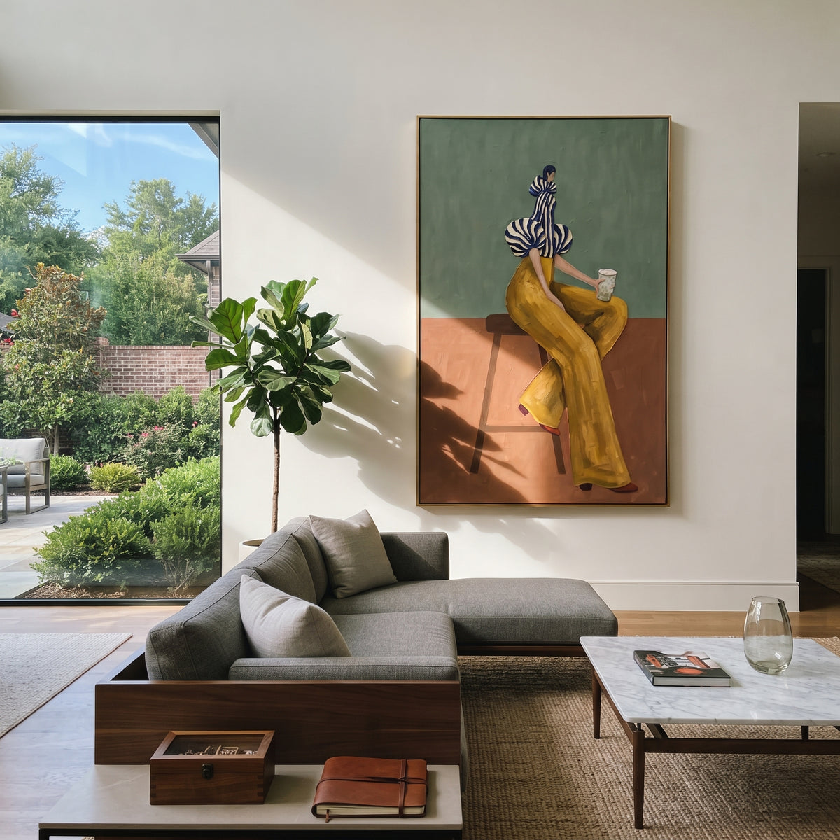 Yellow Pants Seated Coffee focuses on the specific fashion figure shown in the artwork: seated woman in yellow trousers, striped sculptural blouse, and coffee cup. The image is built around elongated trousers, a compact upper-body pose, sculptural sleeve volume, small accessory detail, and a quiet studio background. The yellow, blue, brown palette keeps the mood refined while the raised texture and visible brushwork make the surface feel handmade rather than printed. This made-to-order canvas