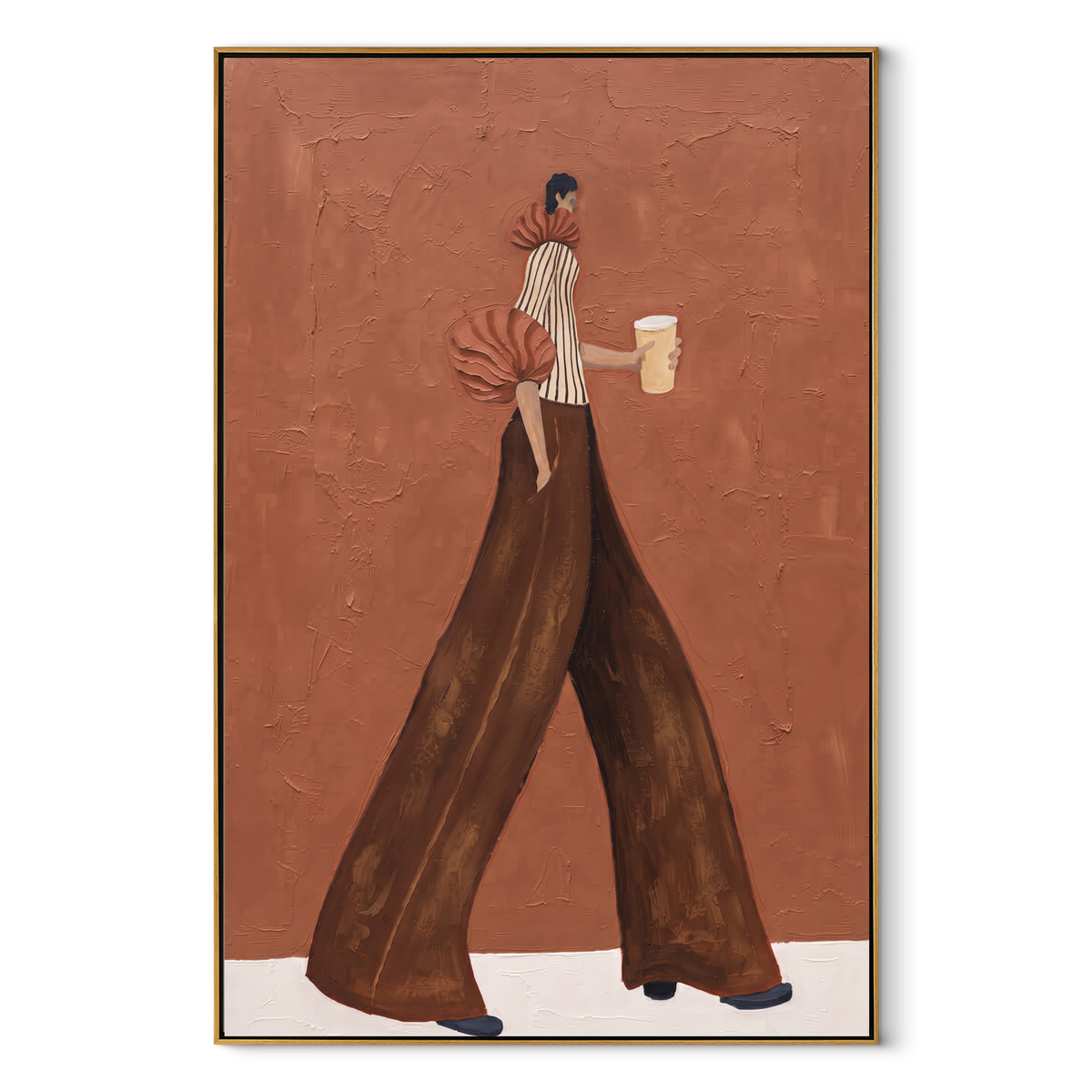 Brown Pants Terracotta Coffee Walk focuses on the specific fashion figure shown in the artwork: walking woman in striped blouse and brown wide-leg pants carrying a white cup. The image is built around elongated trousers, a compact upper-body pose, sculptural sleeve volume, small accessory detail, and a quiet studio background. The brown, beige, orange palette keeps the mood refined while the raised texture and visible brushwork make the surface feel handmade rather than printed. This