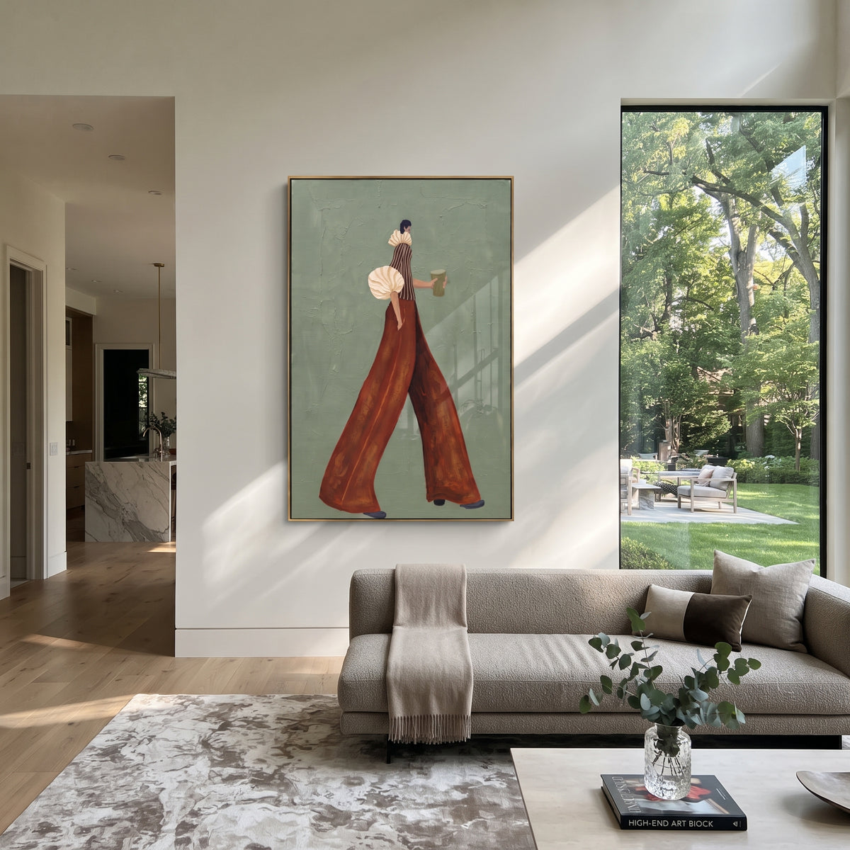 Rust Pants Green Coffee Walk focuses on the specific fashion figure shown in the artwork: walking woman in cream puff sleeve, rust trousers, and green coffee cup. The image is built around elongated trousers, a compact upper-body pose, sculptural sleeve volume, small accessory detail, and a quiet studio background. The brown, beige, green palette keeps the mood refined while the raised texture and visible brushwork make the surface feel handmade rather than printed. This made-to-order canvas