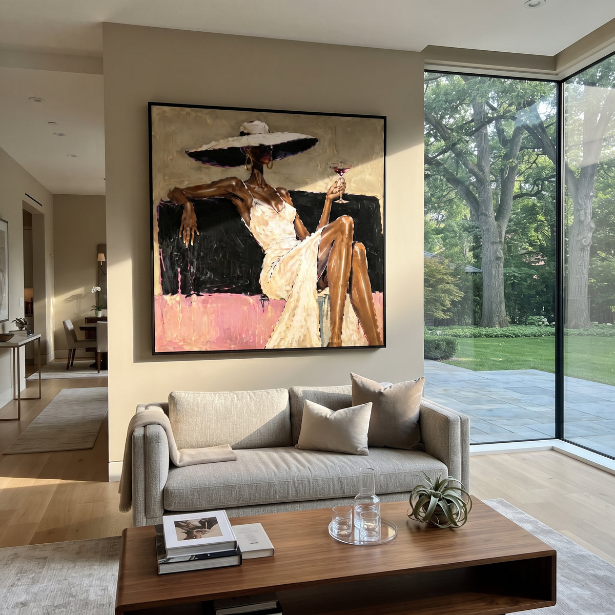 Wide Hat White Dress Cocktail focuses on seated dark-skinned woman in a white dress and very wide cream hat holding a red cocktail, with black sofa block and pink lower band. The composition is built from the exact pose, clothing shape, accessories, furniture, animal form, shoreline, palm shape, surfboard, or table arrangement visible in this artwork, so the image reads as a specific modern figurative painting rather than a generic decorative abstract. The cream; black; pink palette gives the