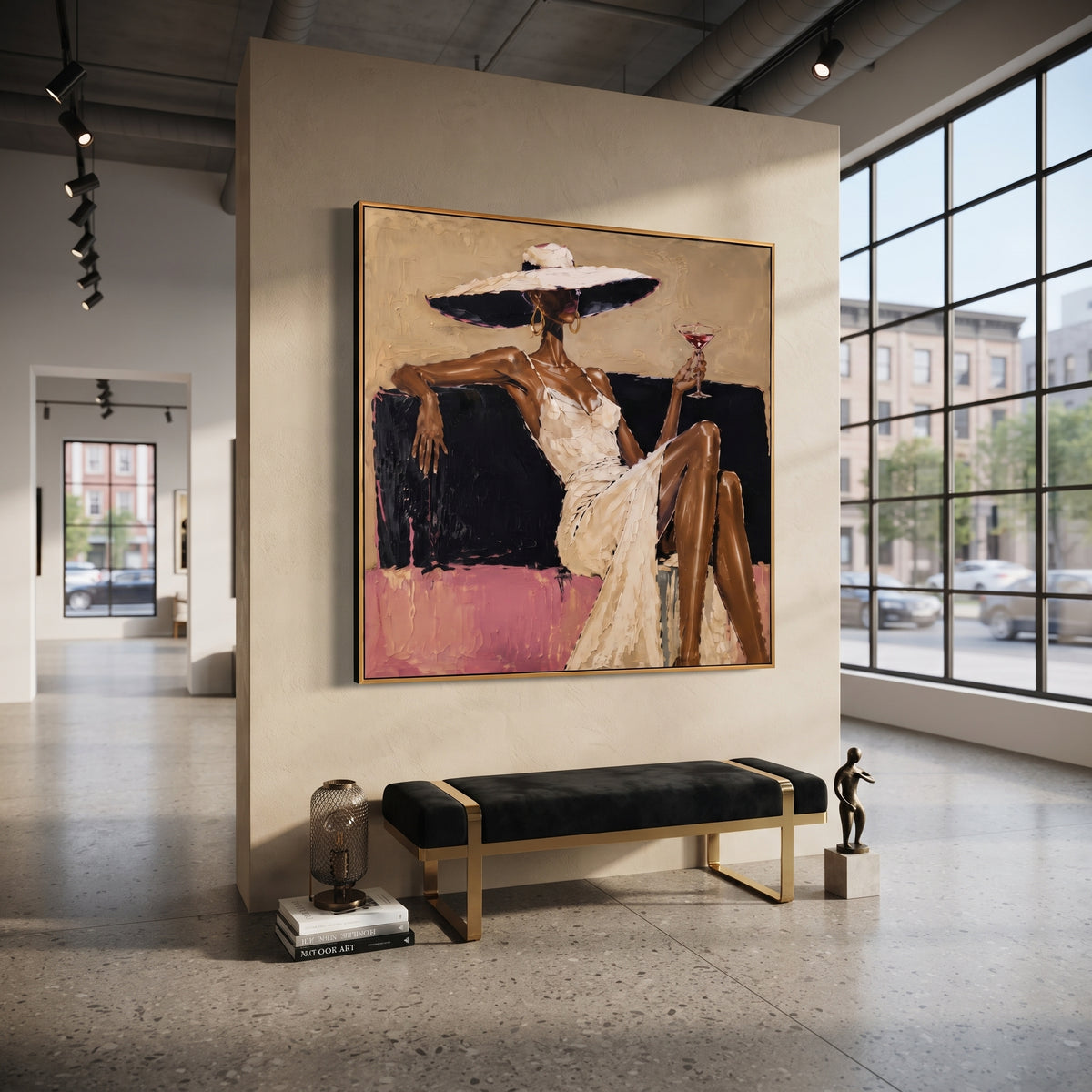 Wide Hat White Dress Cocktail focuses on seated dark-skinned woman in a white dress and very wide cream hat holding a red cocktail, with black sofa block and pink lower band. The composition is built from the exact pose, clothing shape, accessories, furniture, animal form, shoreline, palm shape, surfboard, or table arrangement visible in this artwork, so the image reads as a specific modern figurative painting rather than a generic decorative abstract. The cream; black; pink palette gives the
