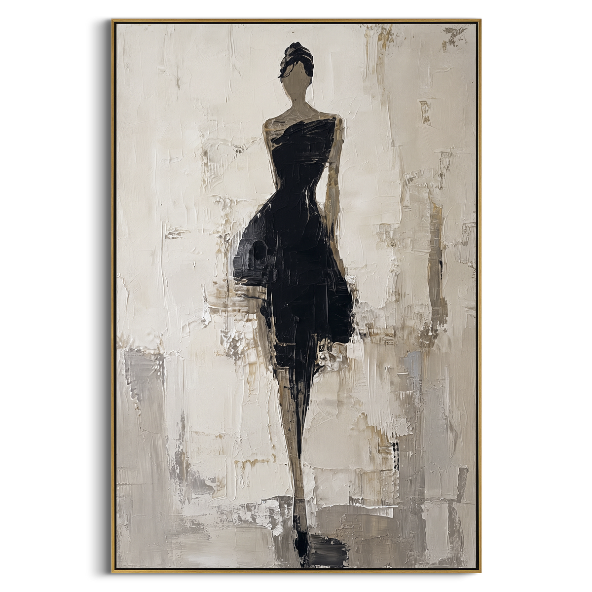 Black Dress Gallery Figure focuses on slender woman in black dress standing in a pale gallery-like field with grey plaster marks. The composition is built from the exact pose, clothing shape, accessories, furniture, animal form, shoreline, palm shape, surfboard, or table arrangement visible in this artwork, so the image reads as a specific modern figurative painting rather than a generic decorative abstract. The black; white; grey palette gives the piece its main atmosphere, while smaller dark