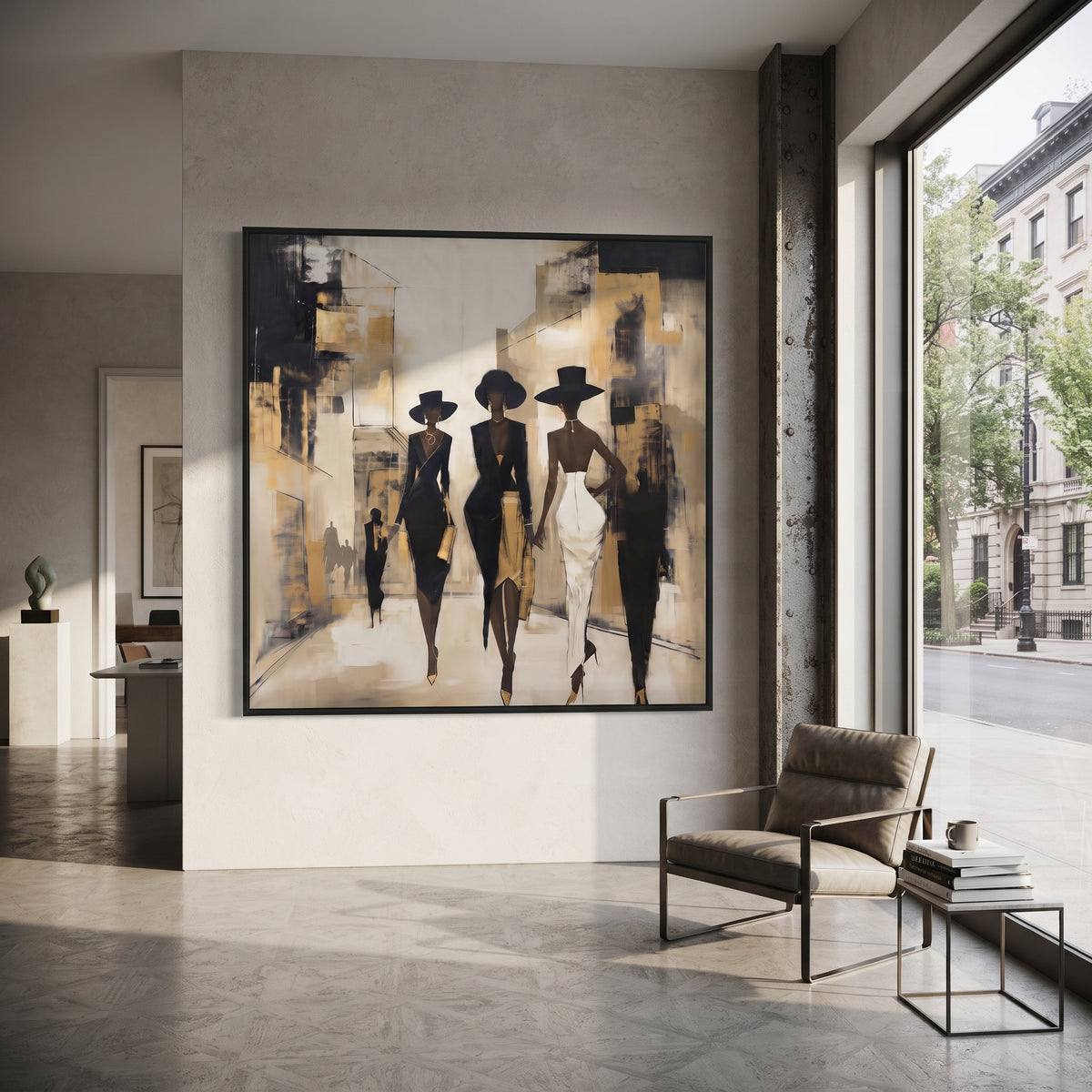 City Runway Hat Trio focuses on three black-hatted fashion figures walking through an abstract city corridor with beige grey blocks. The composition is built from the exact pose, clothing shape, accessories, furniture, animal form, shoreline, palm shape, surfboard, or table arrangement visible in this artwork, so the image reads as a specific modern figurative painting rather than a generic decorative abstract. The beige; black; grey palette gives the piece its main atmosphere, while smaller