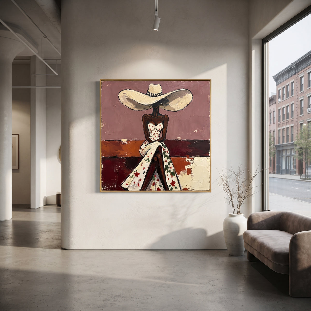 Floral Dress Wide Hat Back focuses on back view woman in white floral dress and large cream hat against mauve and burgundy blocks. The composition is built from the exact pose, clothing shape, accessories, furniture, animal form, shoreline, palm shape, surfboard, or table arrangement visible in this artwork, so the image reads as a specific modern figurative painting rather than a generic decorative abstract. The cream; mauve; burgundy palette gives the piece its main atmosphere, while smaller