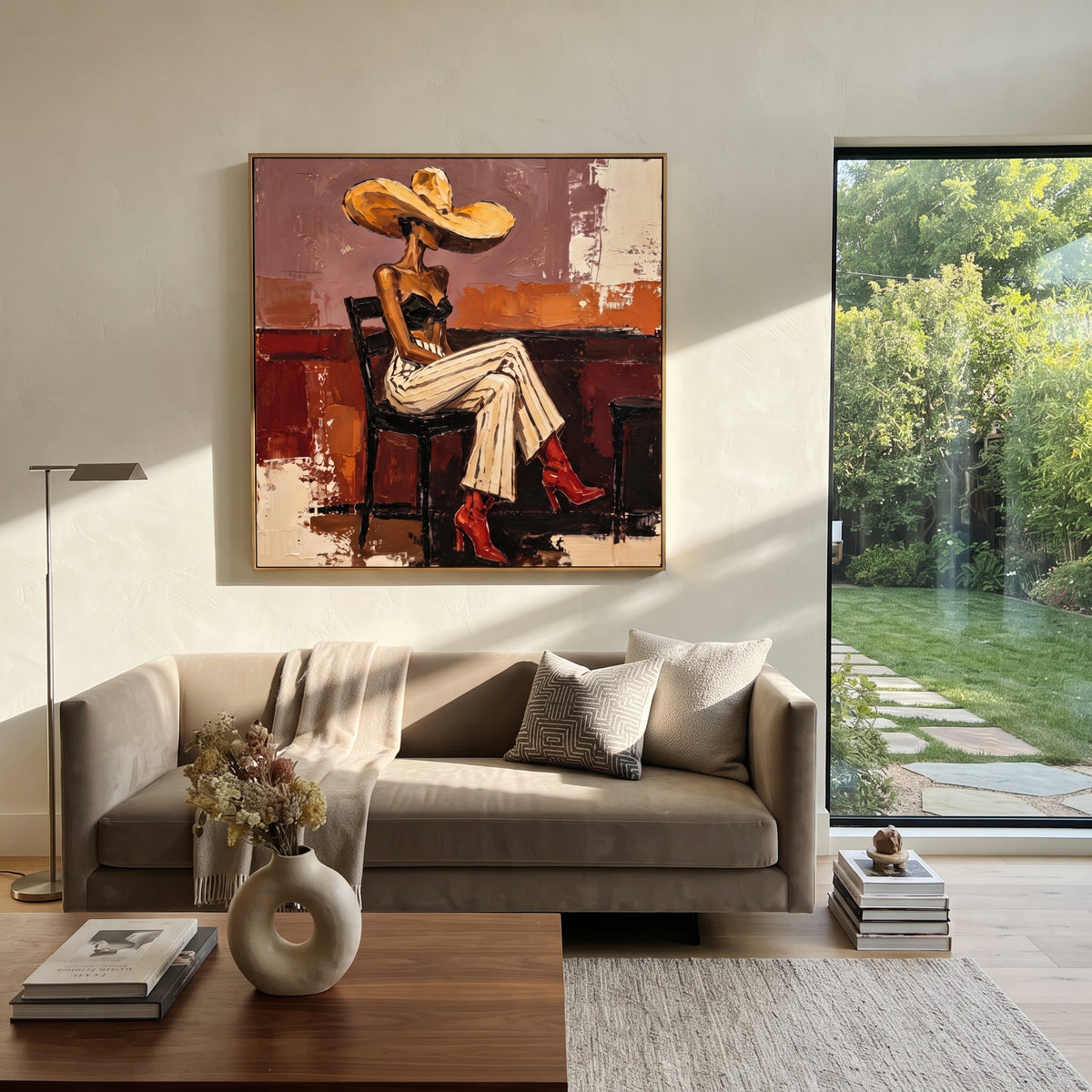 Orange Room Red Boots Figure focuses on seated fashion woman in striped cream pants, black top, golden hat, red boots, and orange room blocks. The composition is built from the exact pose, clothing shape, accessories, furniture, animal form, shoreline, palm shape, surfboard, or table arrangement visible in this artwork, so the image reads as a specific modern figurative painting rather than a generic decorative abstract. The orange; cream; red palette gives the piece its main atmosphere, while