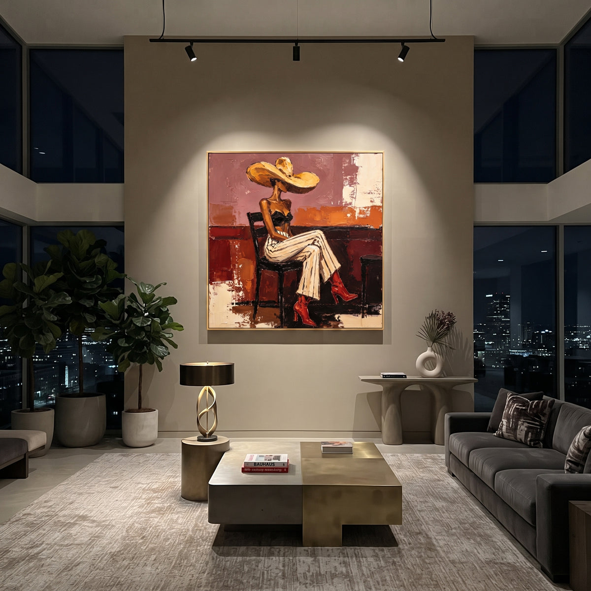 Orange Room Red Boots Figure focuses on seated fashion woman in striped cream pants, black top, golden hat, red boots, and orange room blocks. The composition is built from the exact pose, clothing shape, accessories, furniture, animal form, shoreline, palm shape, surfboard, or table arrangement visible in this artwork, so the image reads as a specific modern figurative painting rather than a generic decorative abstract. The orange; cream; red palette gives the piece its main atmosphere, while